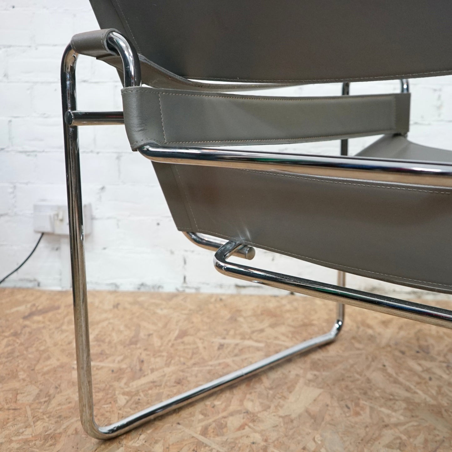 1980 Wassily B3 Grey Leather and Chrome Chair designed by Marcel Breuer