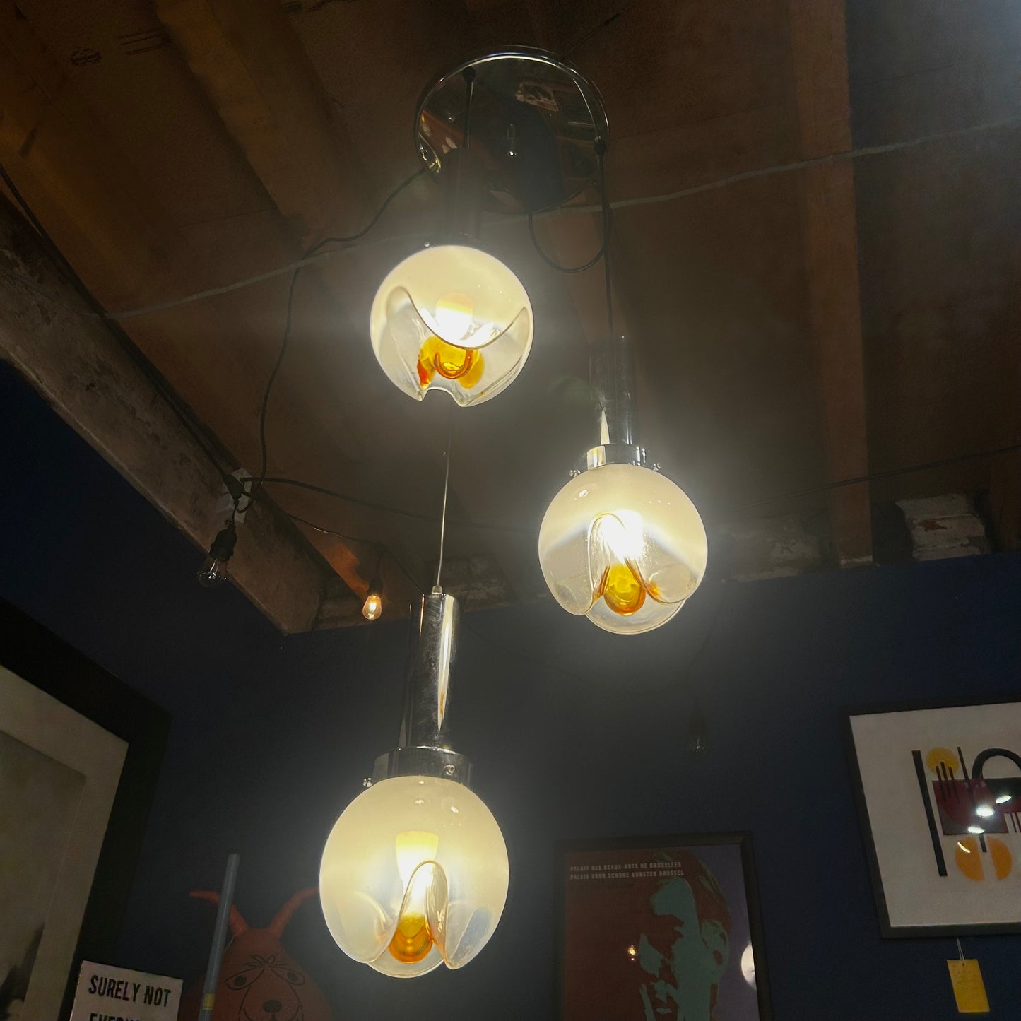 Rare Mazzega Murano Triple pendant light fitting