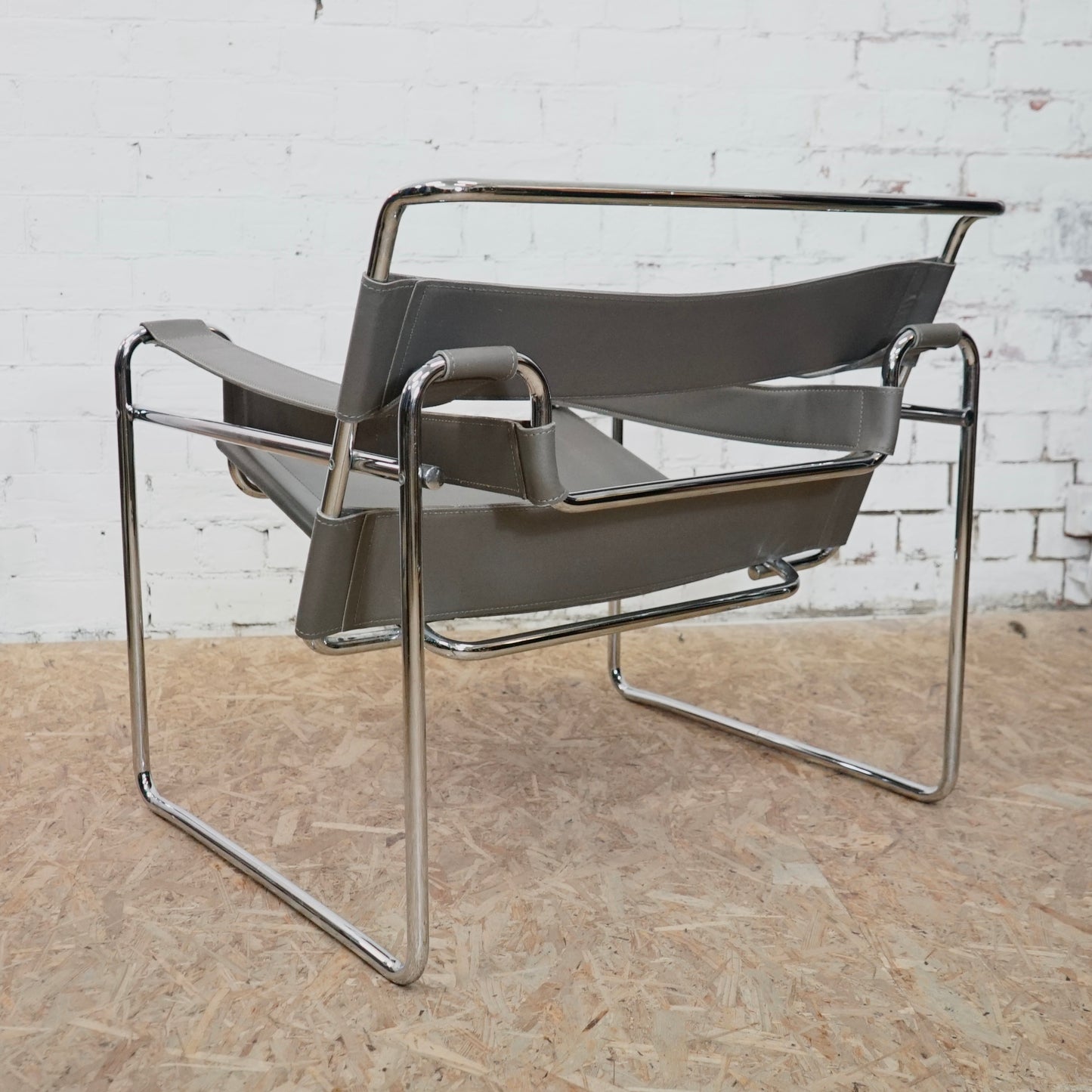 1980 Wassily B3 Grey Leather and Chrome Chair designed by Marcel Breuer