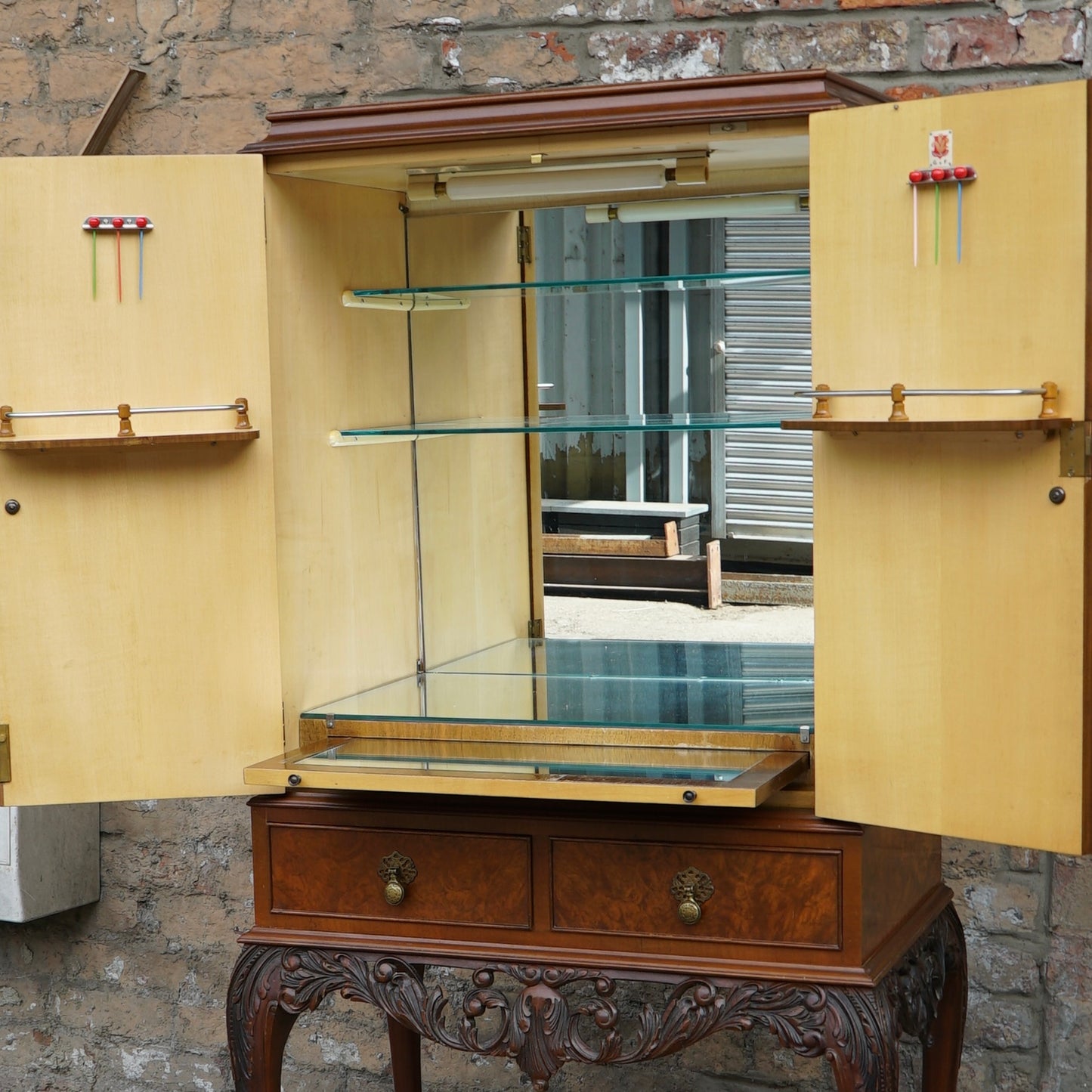 Antique Gold Feather Products Burr Cocktail Cabinet