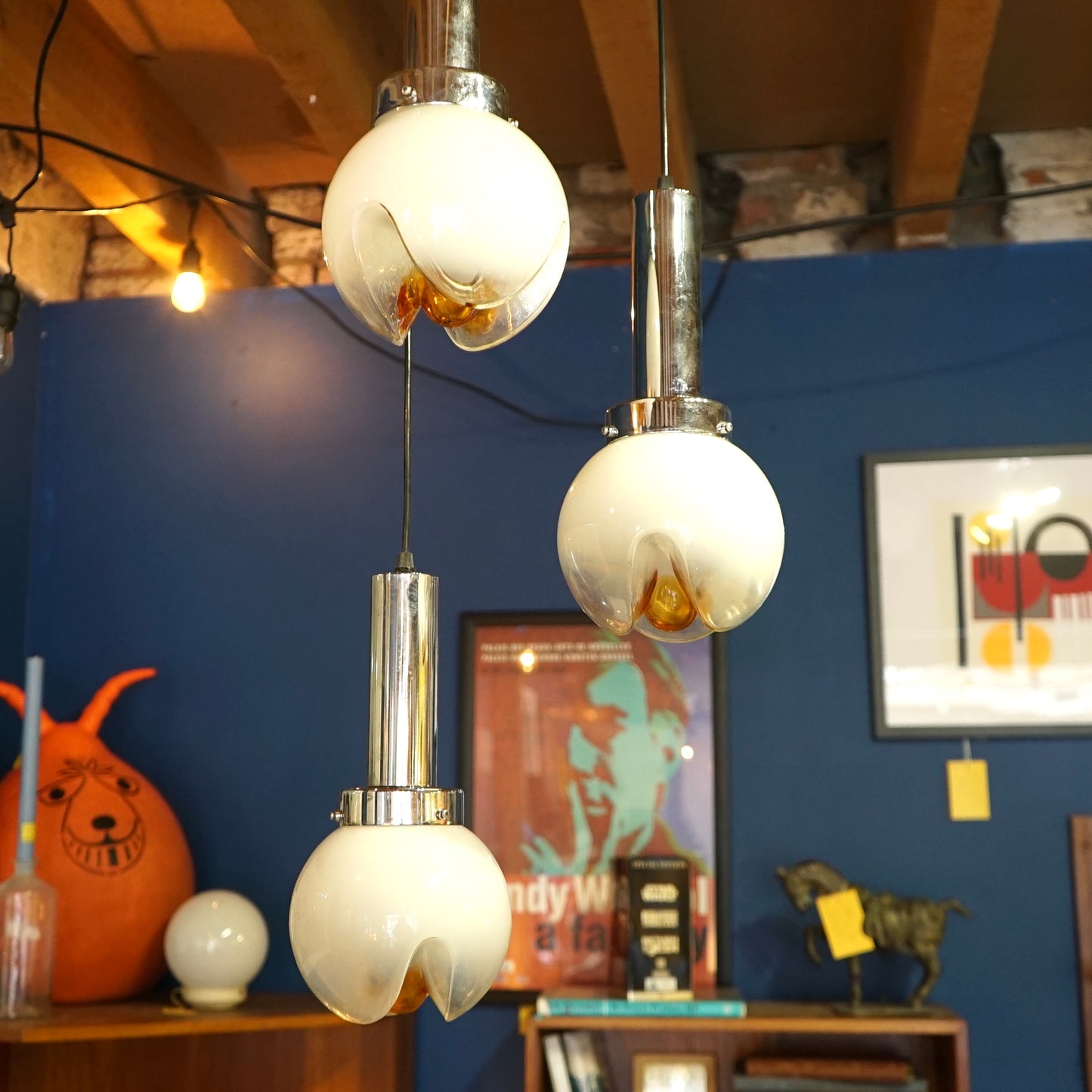 Rare Mazzega Murano Triple pendant light fitting