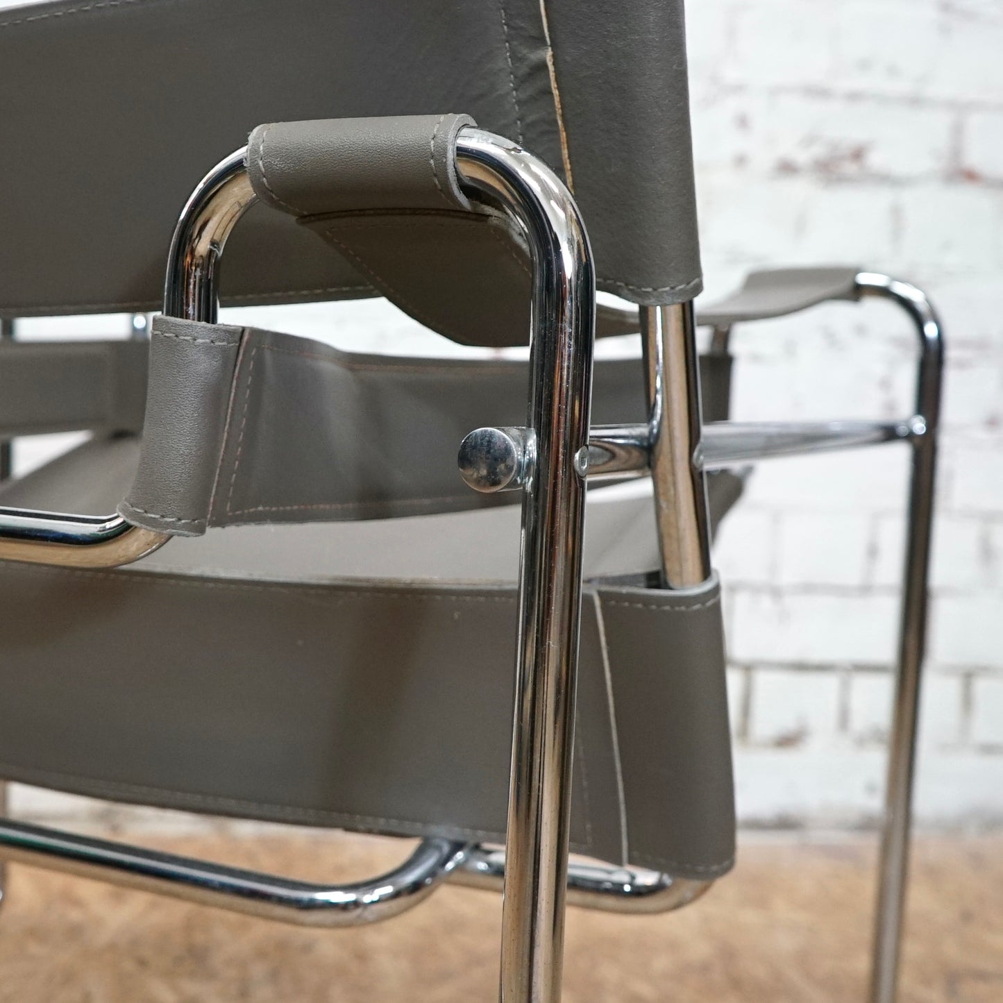 1980 Wassily B3 Grey Leather and Chrome Chair designed by Marcel Breuer