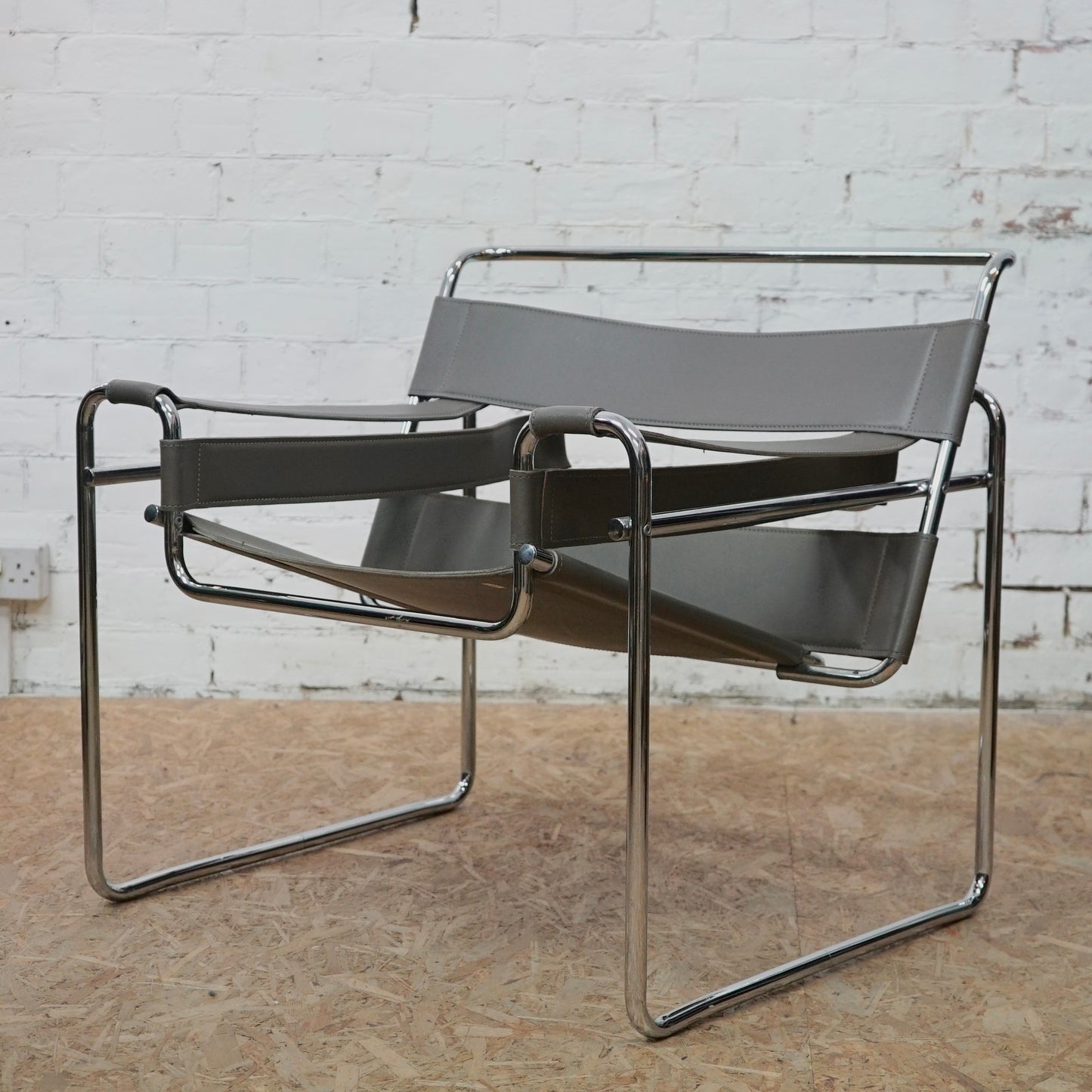 1980 Wassily B3 Grey Leather and Chrome Chair designed by Marcel Breuer