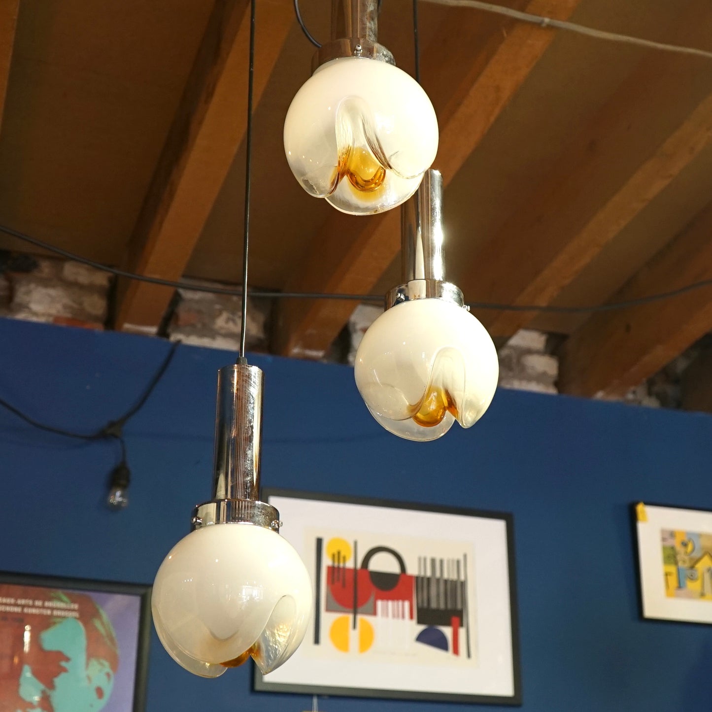 Rare Mazzega Murano Triple pendant light fitting