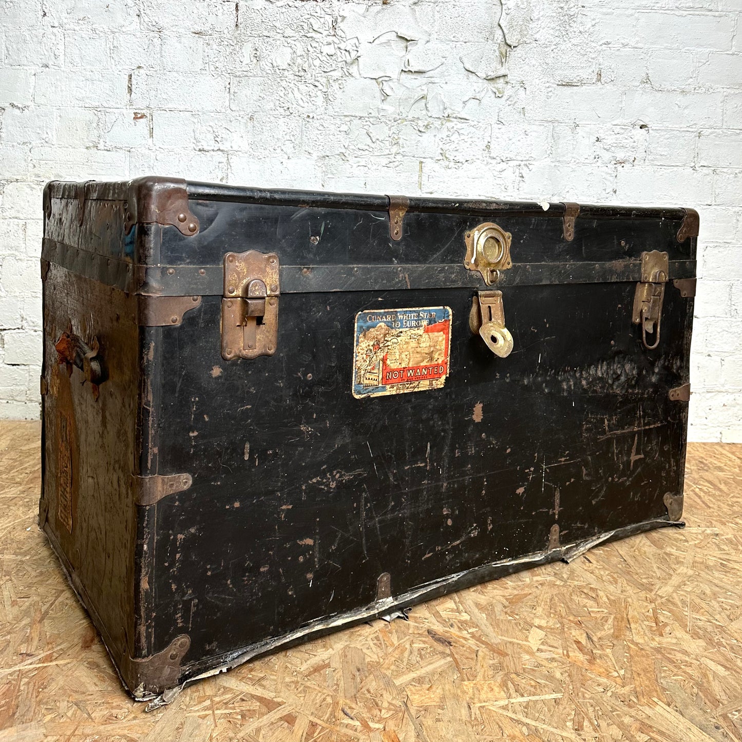 Vintage Early 1900s Trunk with 1948 Cunard White Star Shipping Stickers