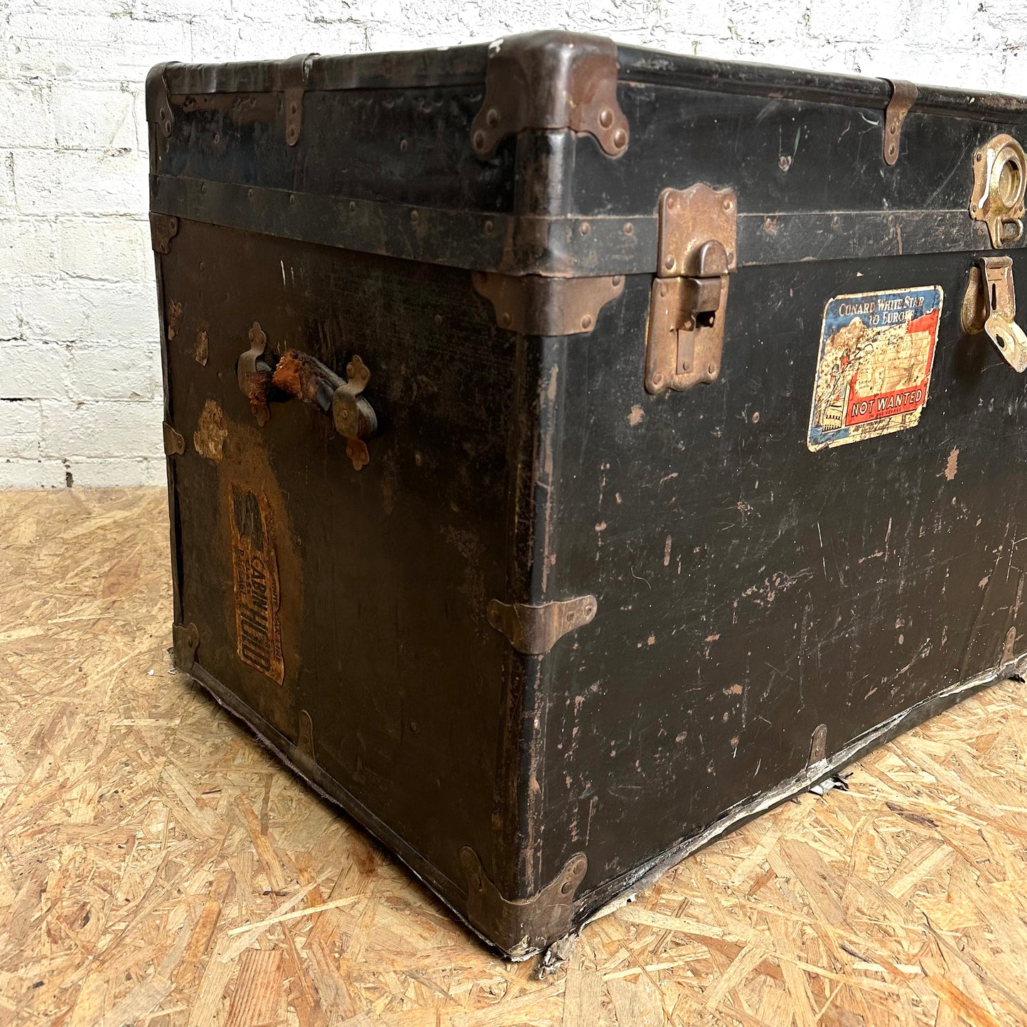 Vintage Early 1900s Trunk with 1948 Cunard White Star Shipping Stickers