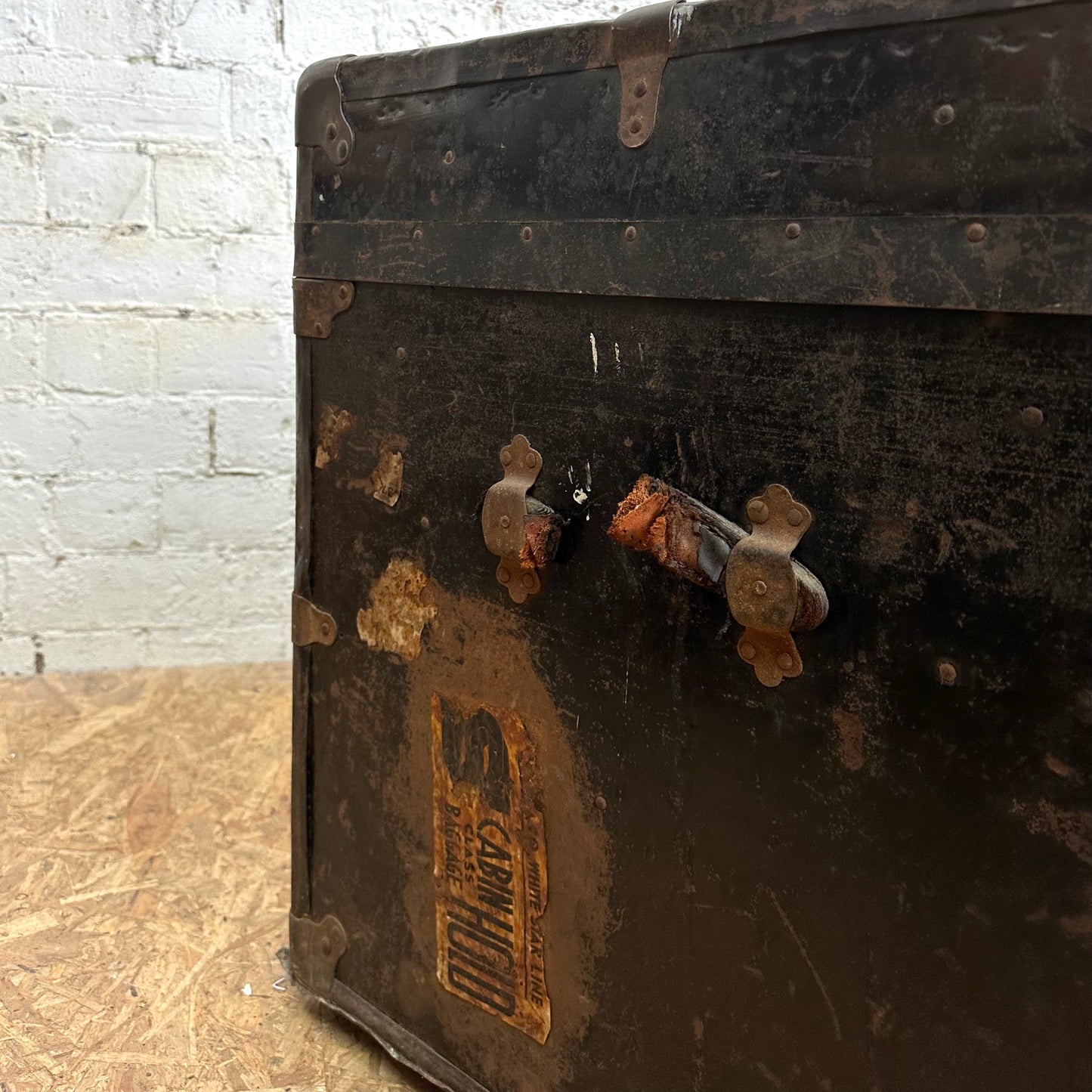 Vintage Early 1900s Trunk with 1948 Cunard White Star Shipping Stickers