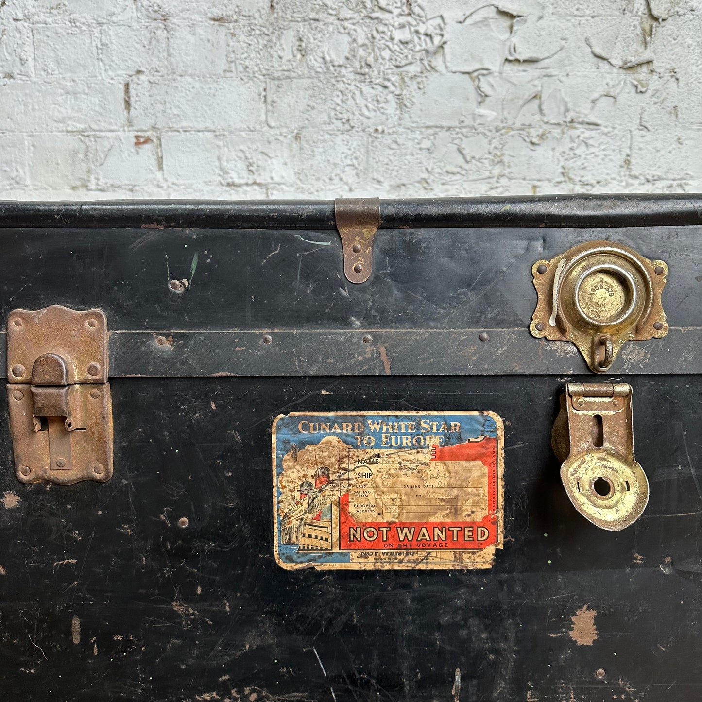 Vintage Early 1900s Trunk with 1948 Cunard White Star Shipping Stickers