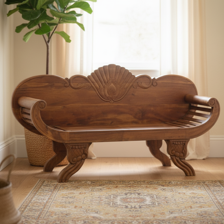 Ornate Hand Carved Indonesian Wooden Bench