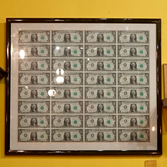 Rare Uncut Sheet Dollar Bills, Framed