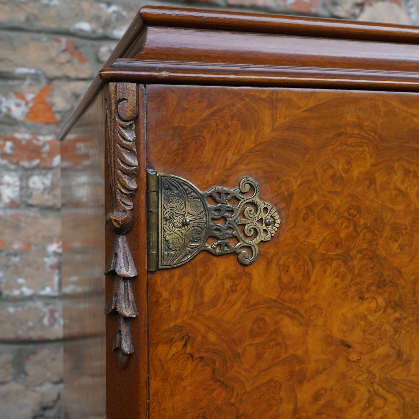 Antique Gold Feather Products Burr Cocktail Cabinet