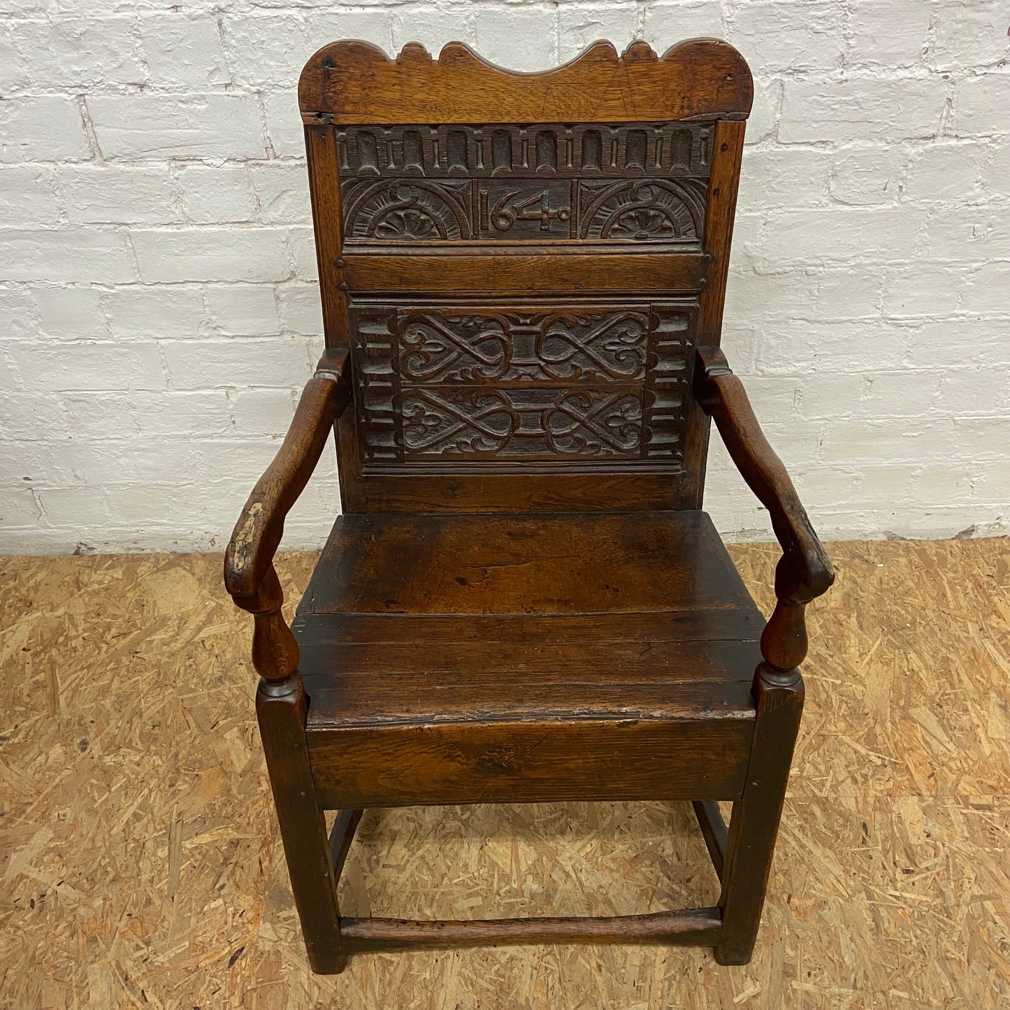 1640 Charles I, 17th Century Solid Oak Arm Chair