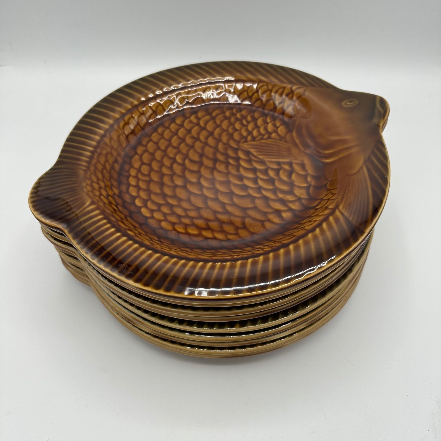 Vintage 1950s Barbotine Sarreguemines French Fish Plate Set (Set of 10)