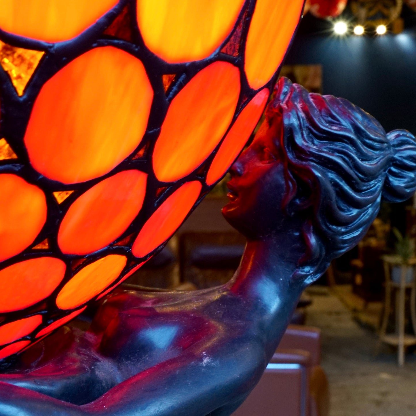 ‘The Leaving’ by Gustav Gurschner Art Nouveau Faux Bronze and Stained Glass Lamp