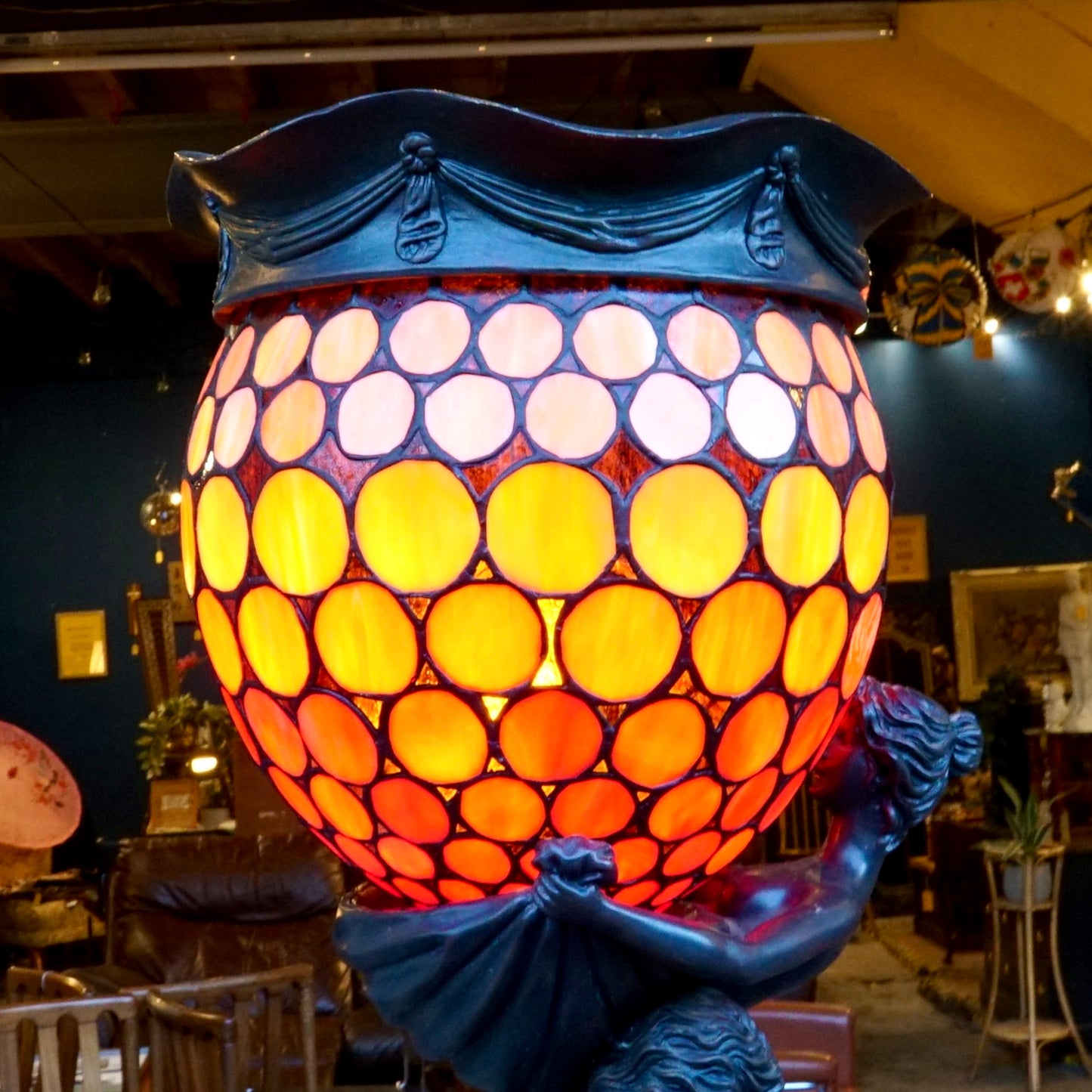 ‘The Leaving’ by Gustav Gurschner Art Nouveau Faux Bronze and Stained Glass Lamp