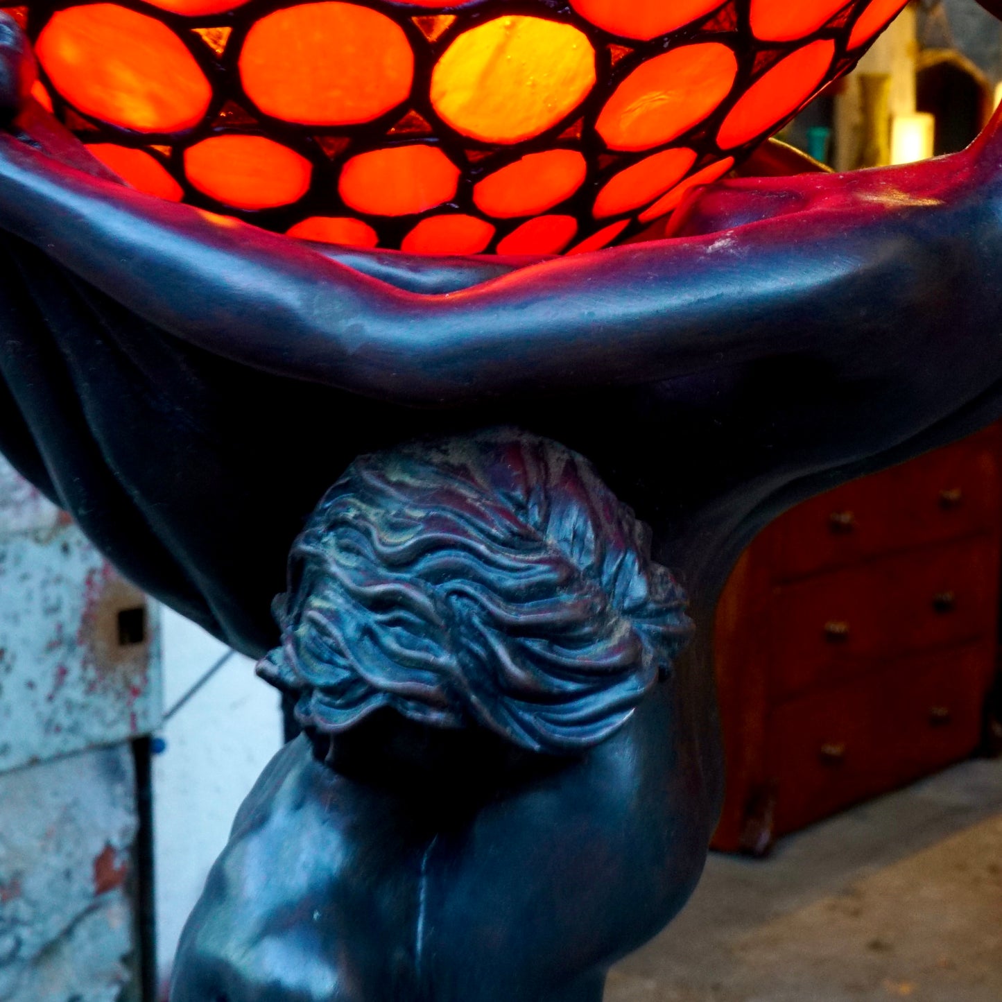 ‘The Leaving’ by Gustav Gurschner Art Nouveau Faux Bronze and Stained Glass Lamp