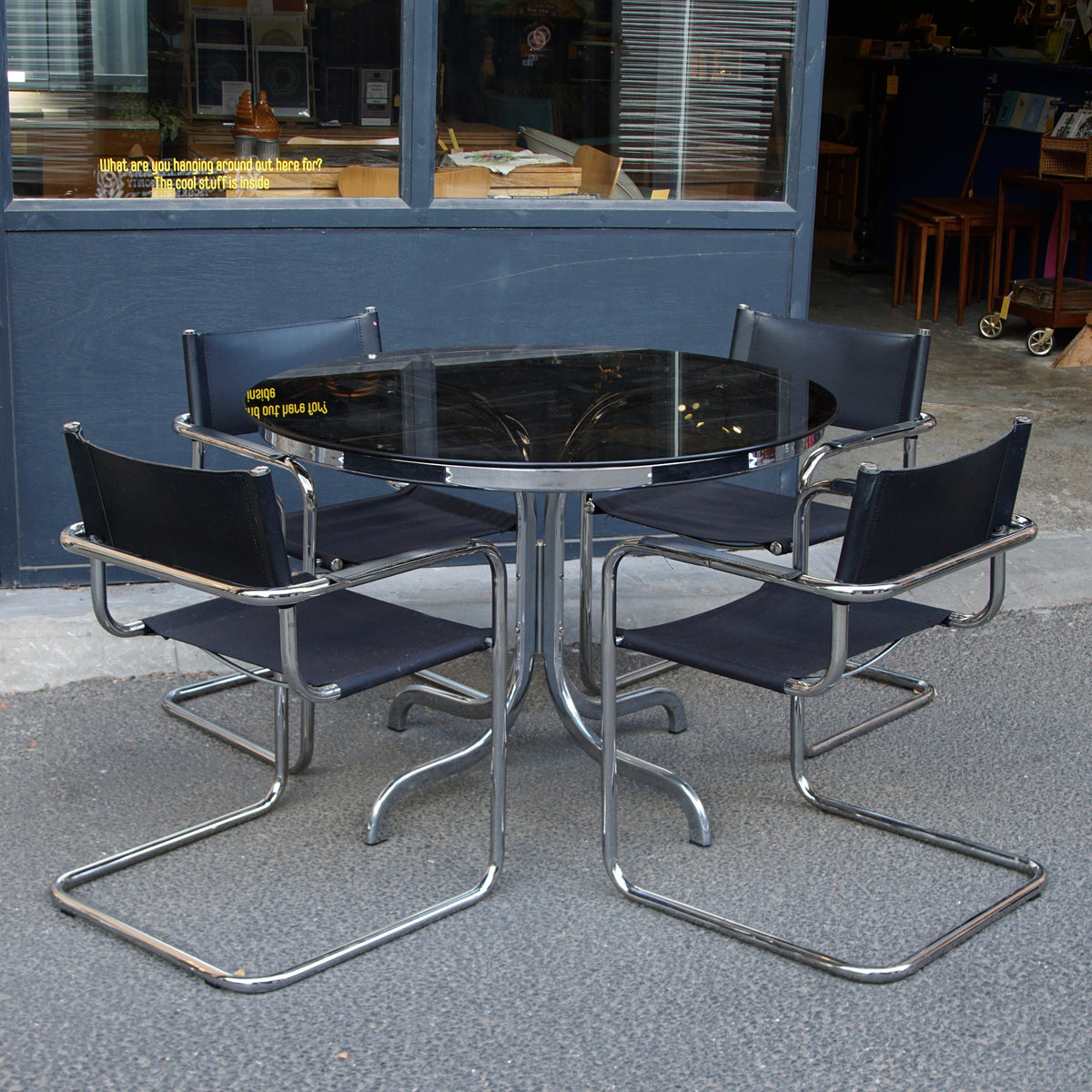 Vintage Italian-Style Smoked Glass Table and 4 Leather Cantilever Chairs
