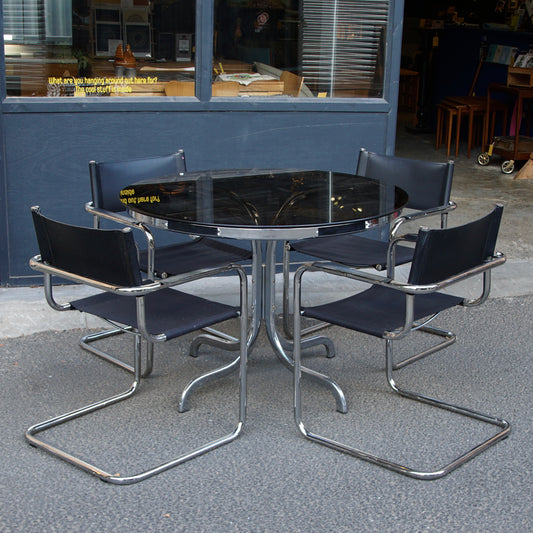 Vintage Italian-Style Smoked Glass Table and 4 Leather Cantilever Chairs