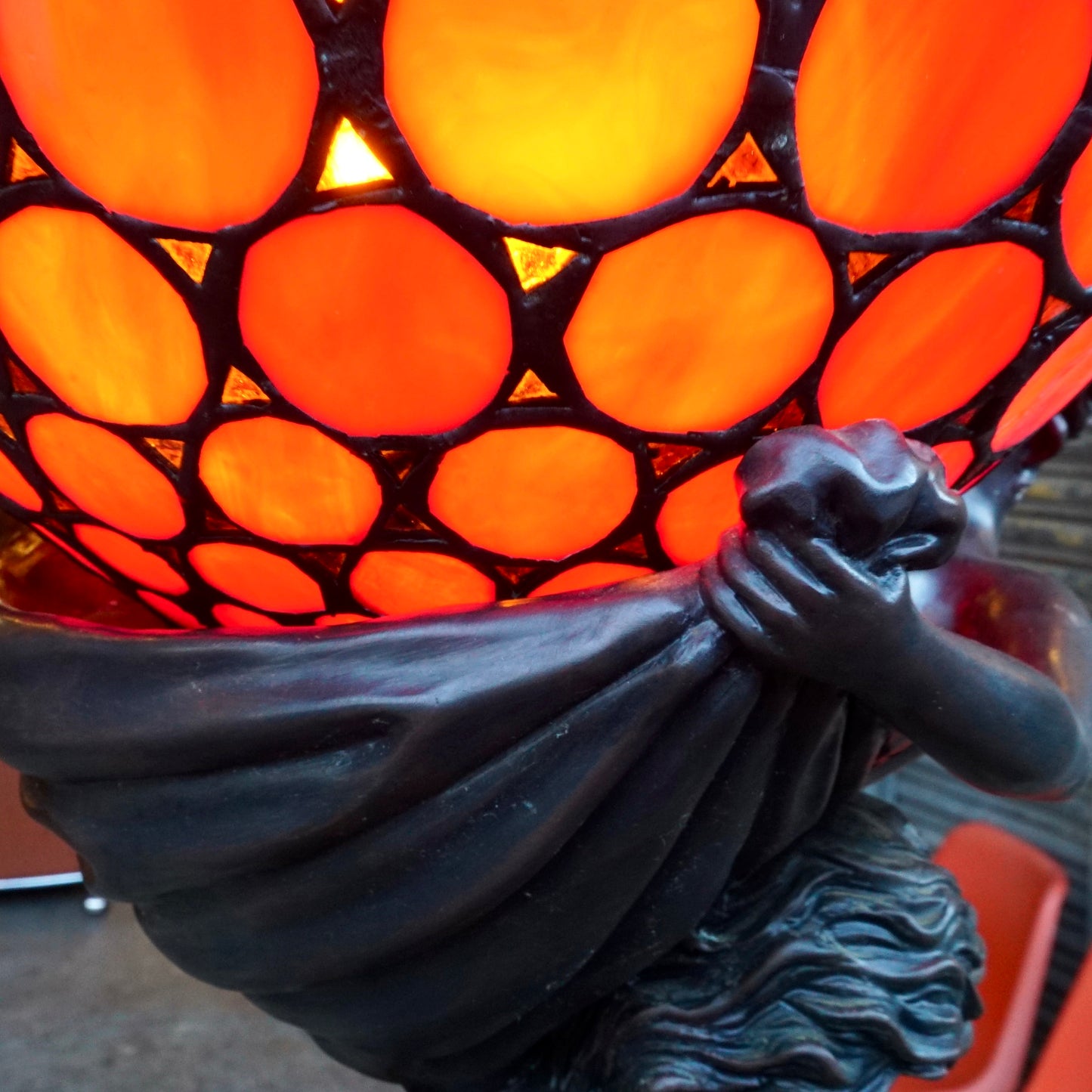 ‘The Leaving’ by Gustav Gurschner Art Nouveau Faux Bronze and Stained Glass Lamp