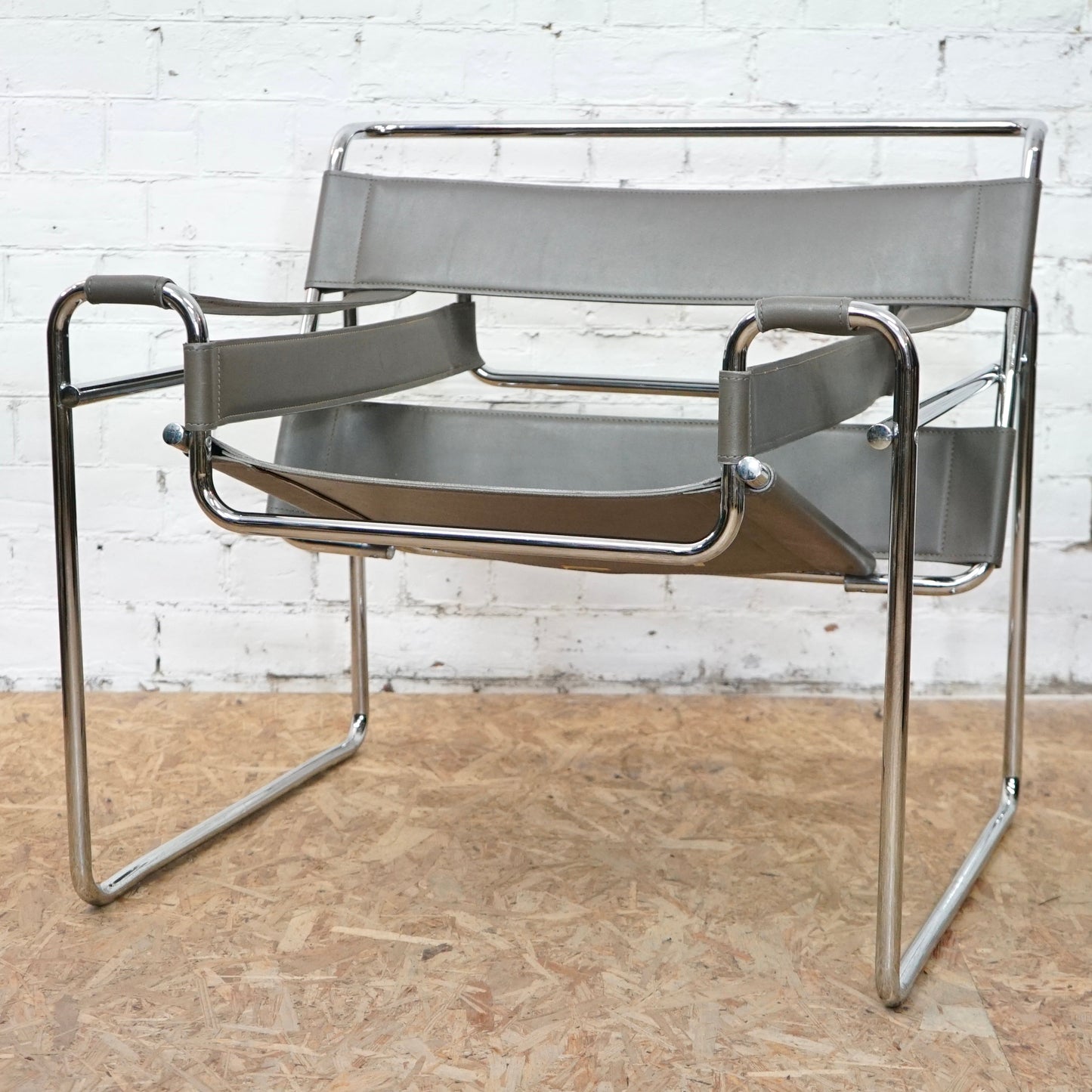 1980 Wassily B3 Grey Leather and Chrome Chair designed by Marcel Breuer