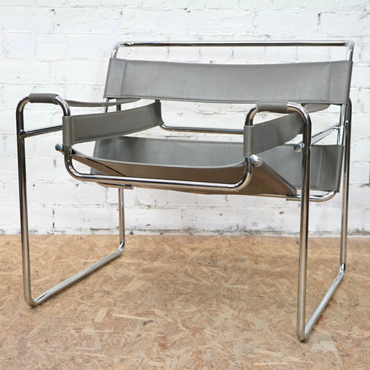1980 Wassily B3 Grey Leather and Chrome Chair designed by Marcel Breuer