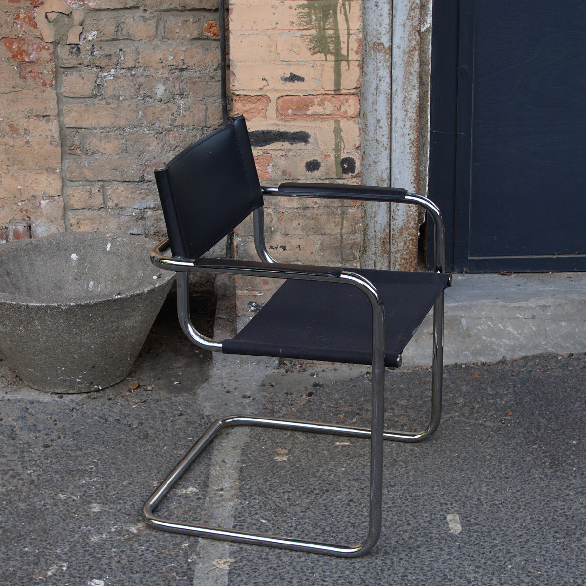 Vintage Italian-Style Smoked Glass Table and 4 Leather Cantilever Chairs
