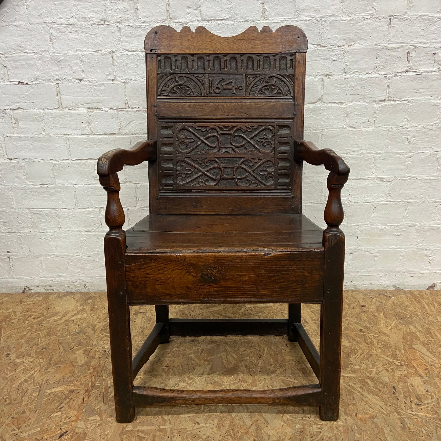 1640 Charles I, 17th Century Solid Oak Arm Chair