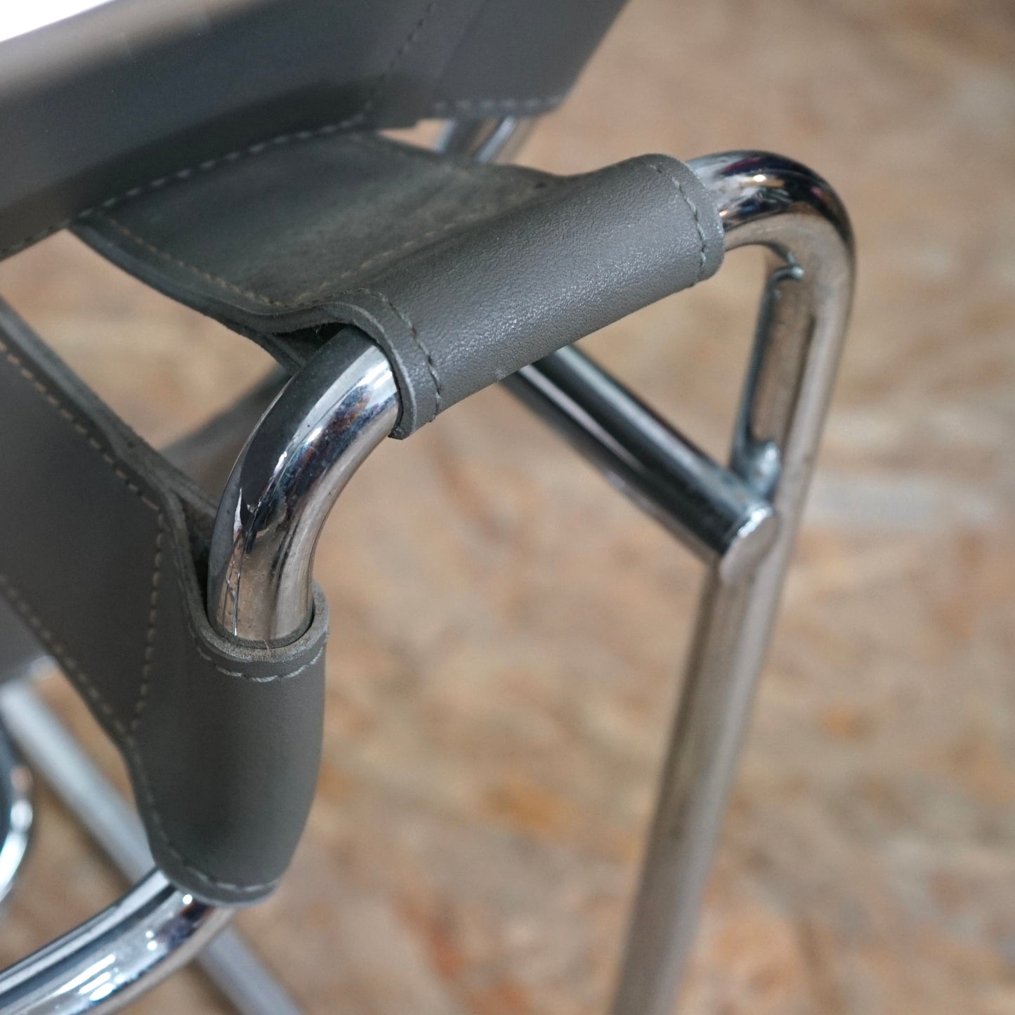 1980 Wassily B3 Grey Leather and Chrome Chair designed by Marcel Breuer