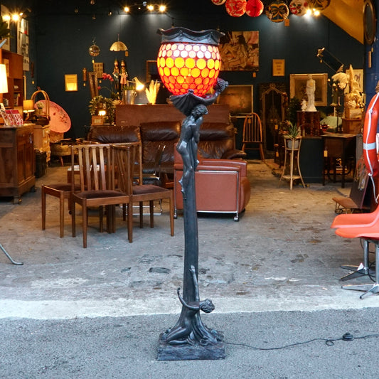 ‘The Leaving’ by Gustav Gurschner Art Nouveau Faux Bronze and Stained Glass Lamp