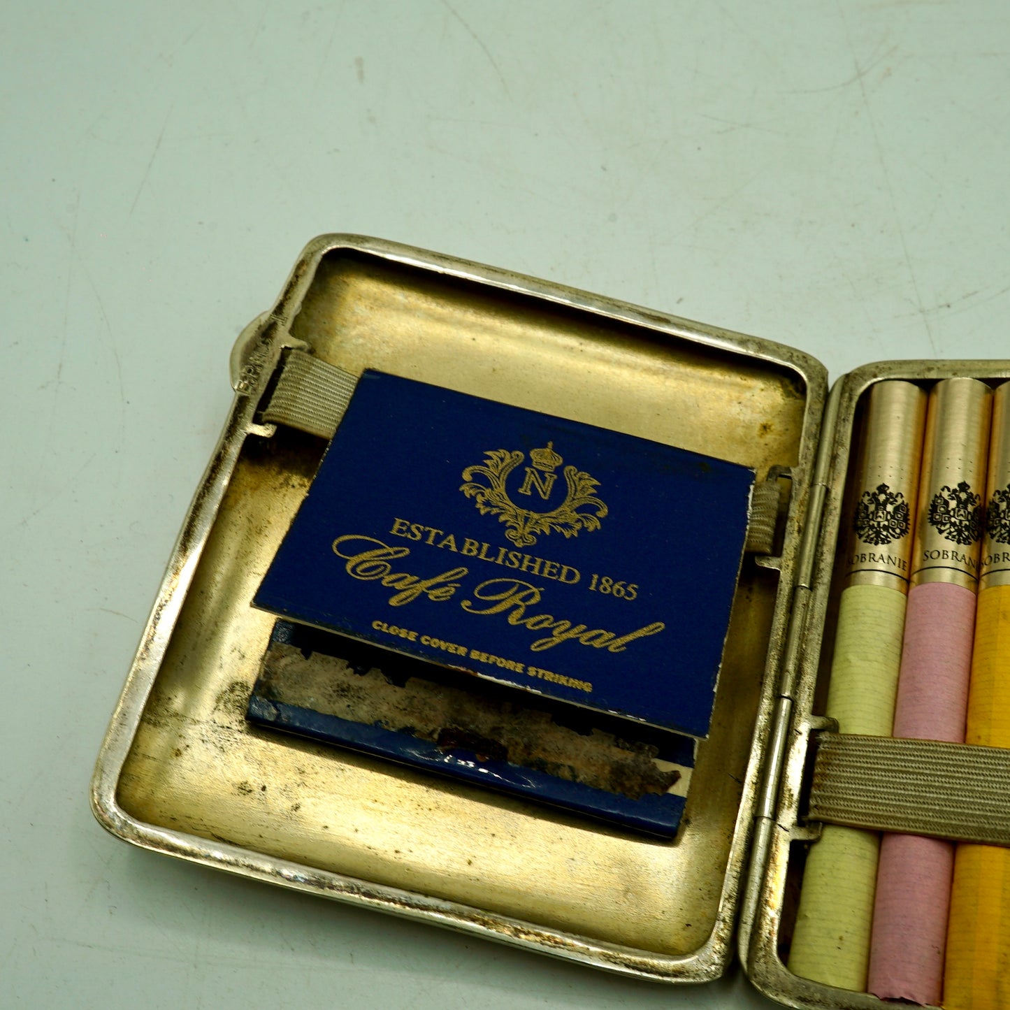 Vintage Cigarette Case with Sobranie Cigarettes and Cafe Royal Matches