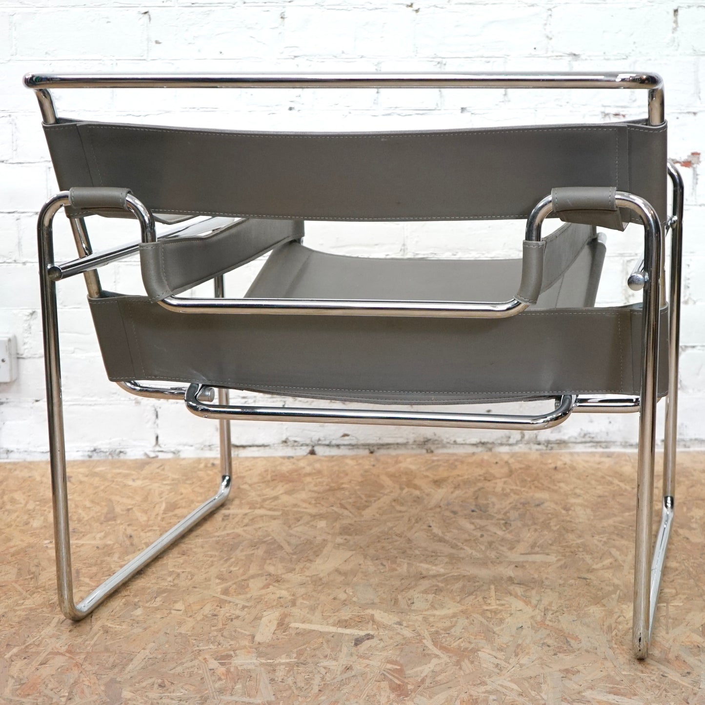 1980 Wassily B3 Grey Leather and Chrome Chair designed by Marcel Breuer