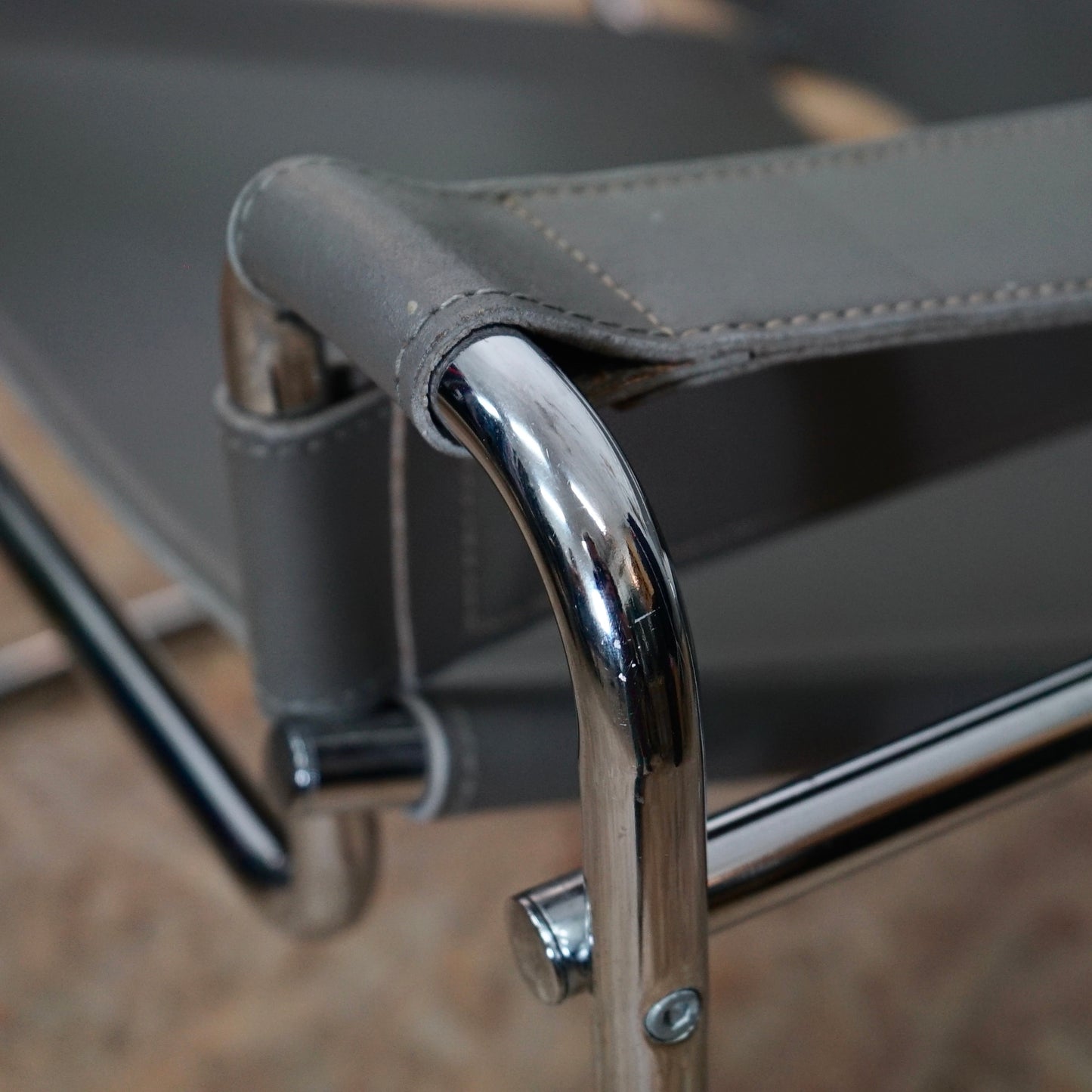 1980 Wassily B3 Grey Leather and Chrome Chair designed by Marcel Breuer