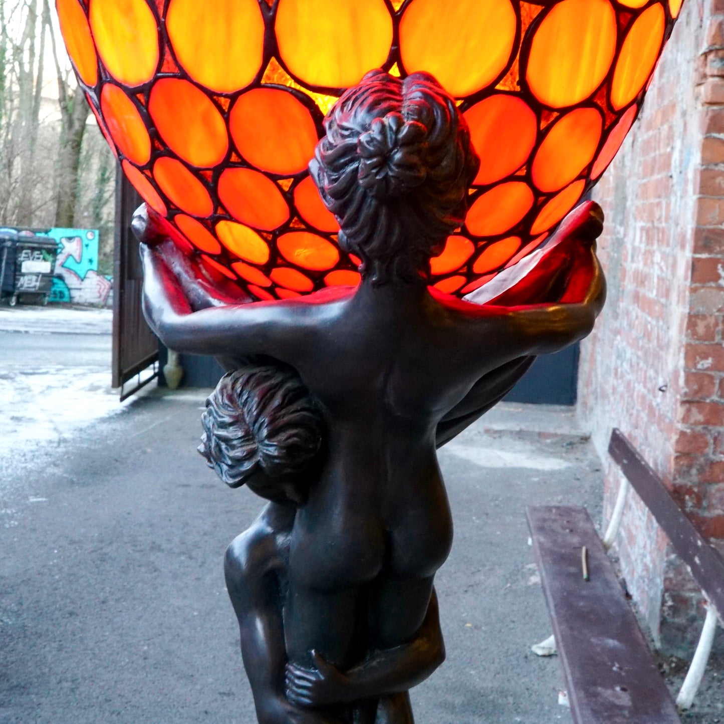 ‘The Leaving’ by Gustav Gurschner Art Nouveau Faux Bronze and Stained Glass Lamp