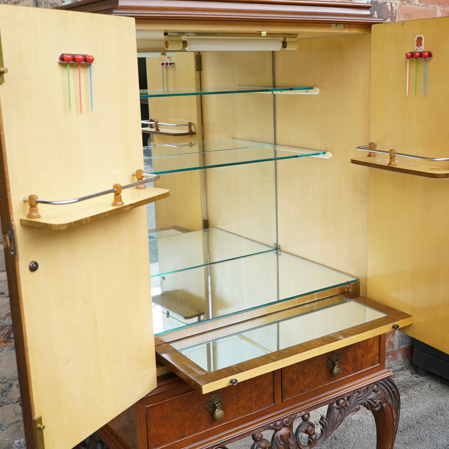 Antique Gold Feather Products Burr Cocktail Cabinet