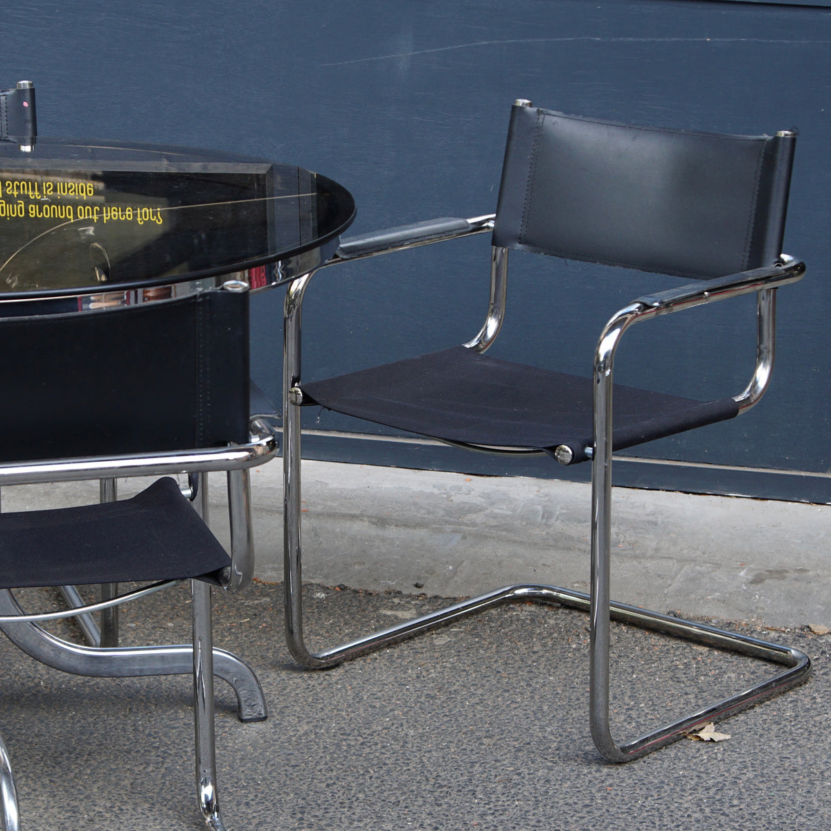 Vintage Italian-Style Smoked Glass Table and 4 Leather Cantilever Chairs