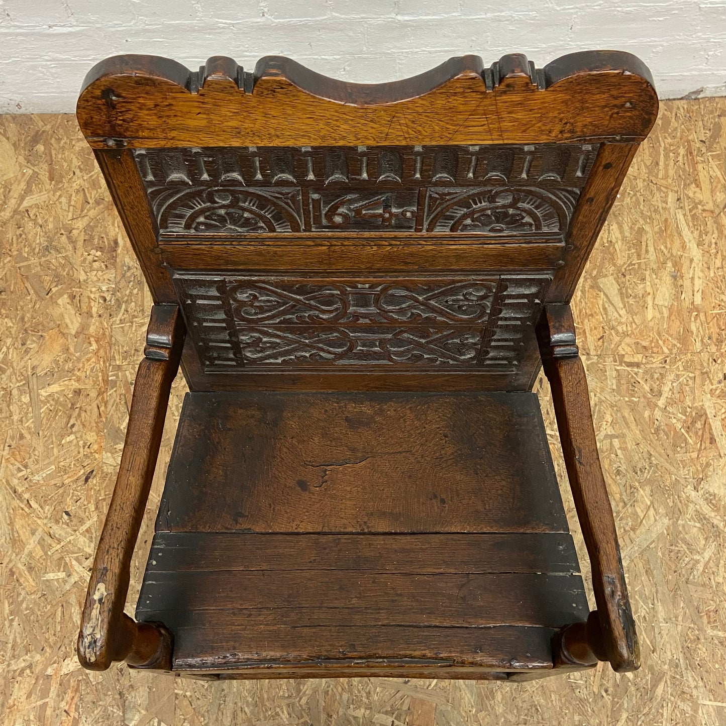 1640 Charles I, 17th Century Solid Oak Arm Chair