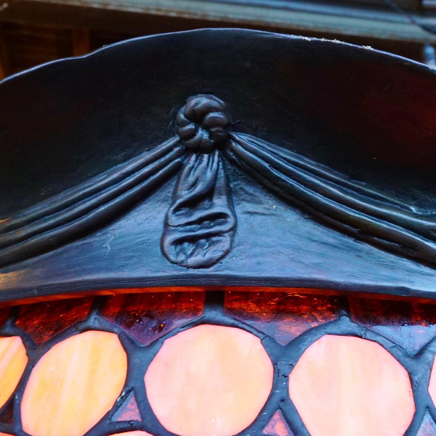 ‘The Leaving’ by Gustav Gurschner Art Nouveau Faux Bronze and Stained Glass Lamp