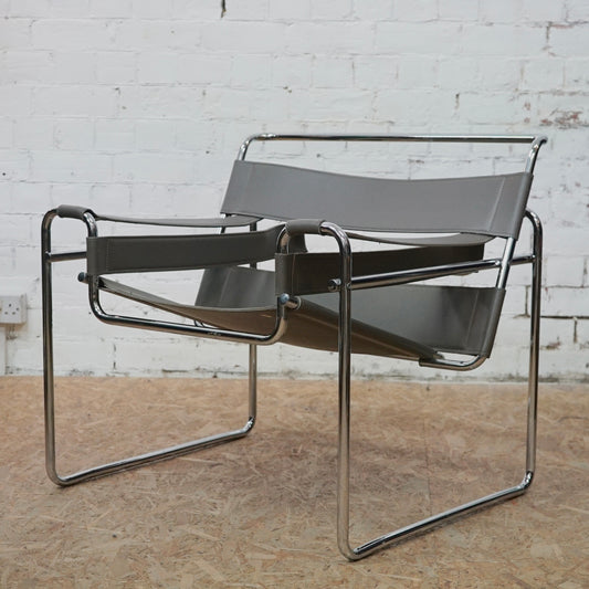 1980 Wassily B3 Grey Leather and Chrome Chair designed by Marcel Breuer
