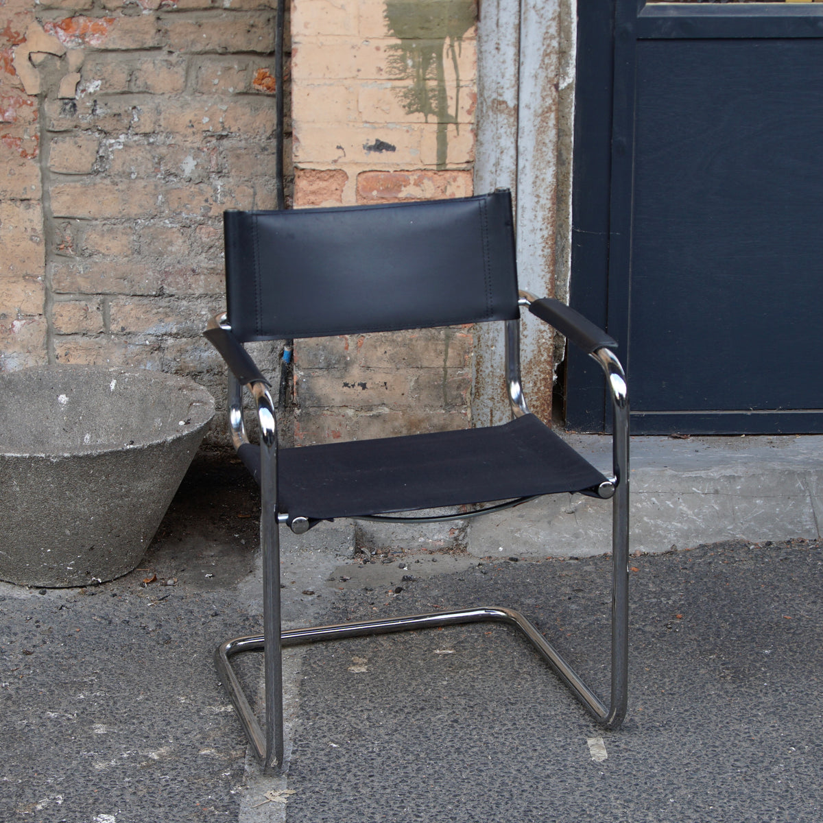 Vintage Italian-Style Smoked Glass Table and 4 Leather Cantilever Chairs