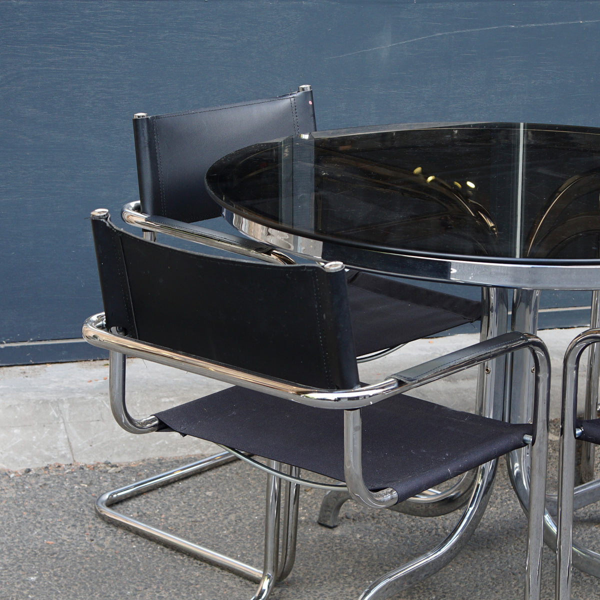 Vintage Italian-Style Smoked Glass Table and 4 Leather Cantilever Chairs