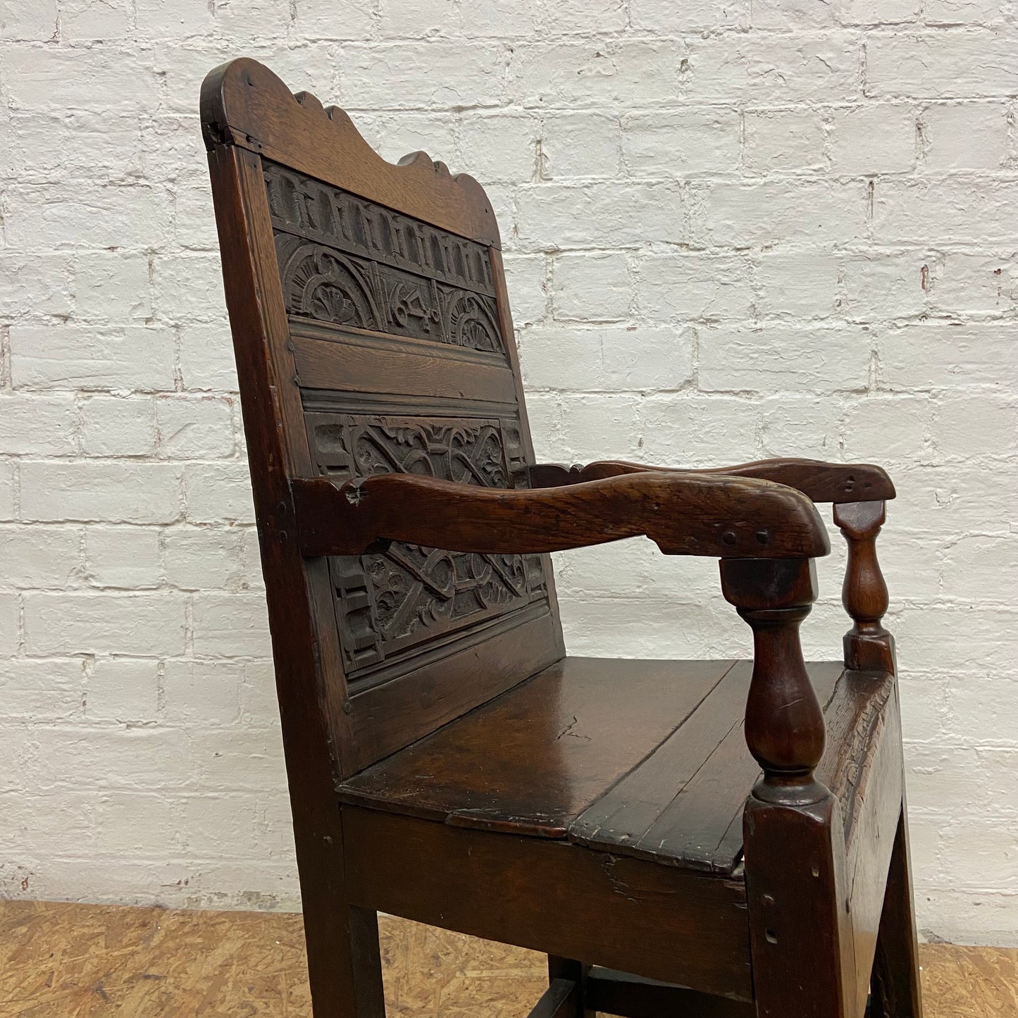 1640 Charles I, 17th Century Solid Oak Arm Chair