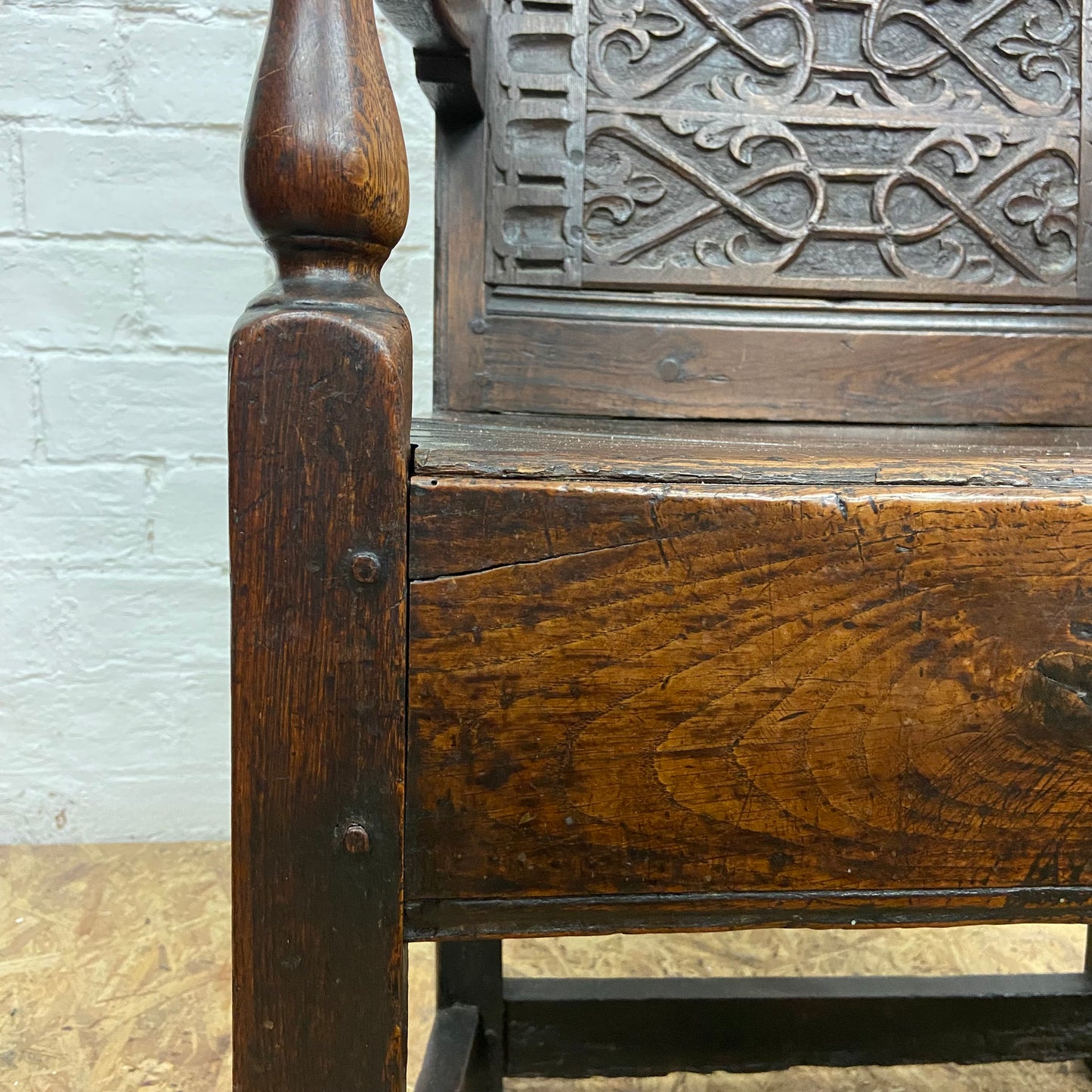 1640 Charles I, 17th Century Solid Oak Arm Chair