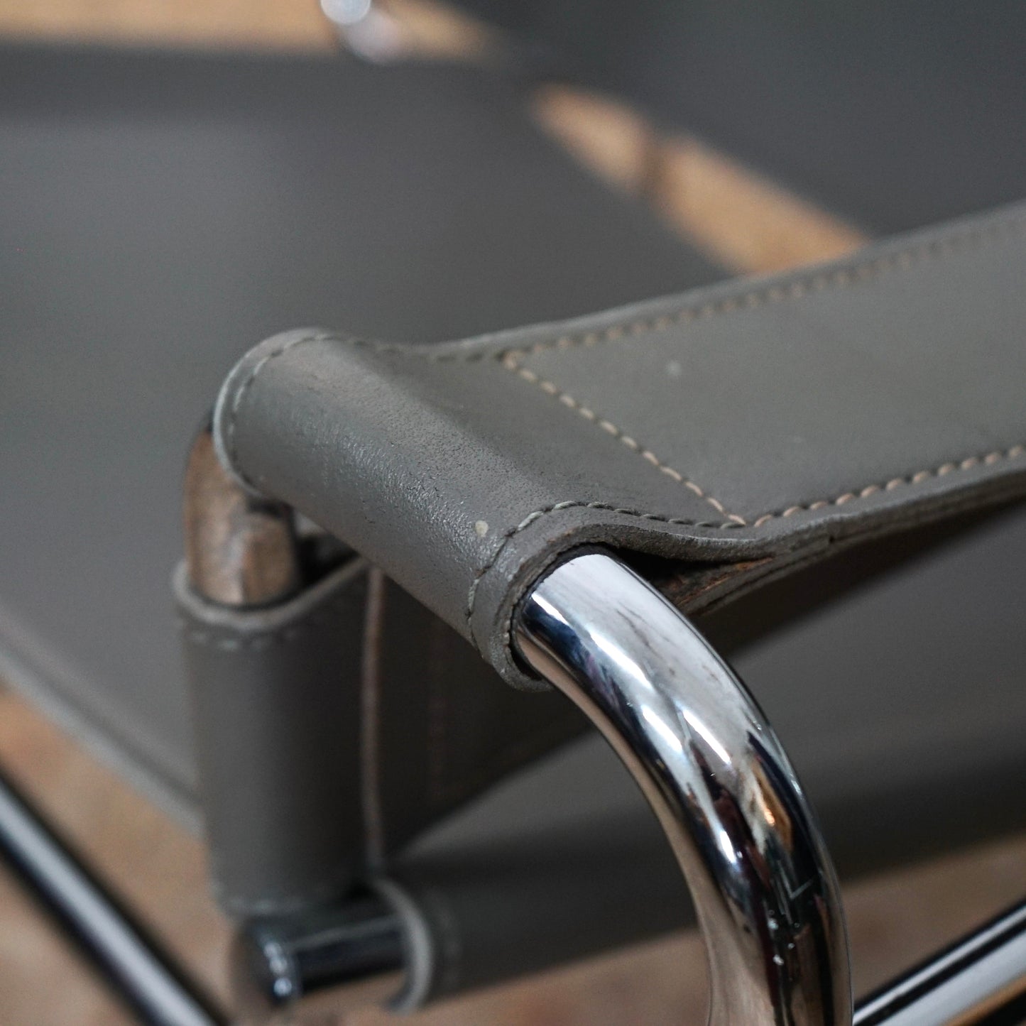 1980 Wassily B3 Grey Leather and Chrome Chair designed by Marcel Breuer