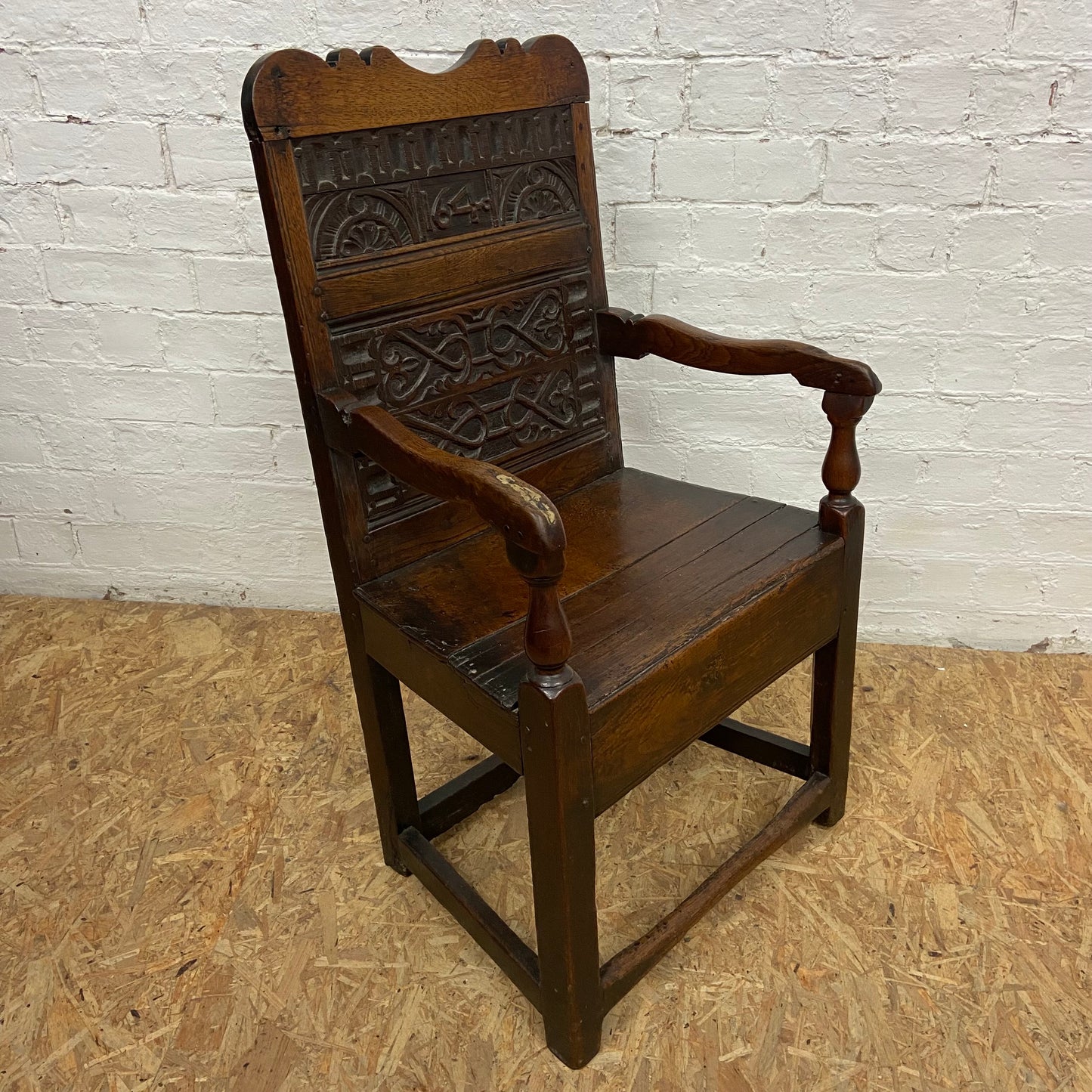 1640 Charles I, 17th Century Solid Oak Arm Chair