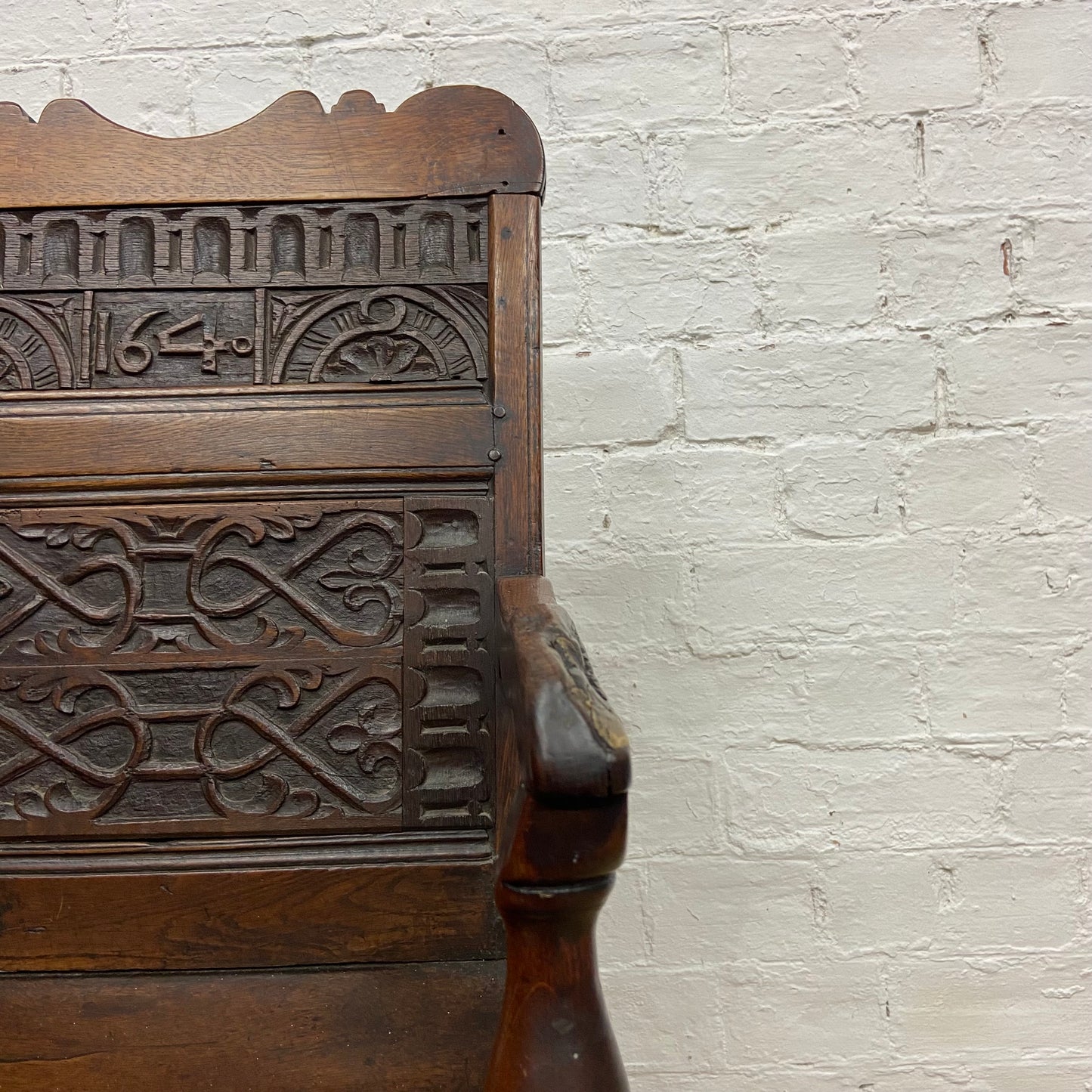 1640 Charles I, 17th Century Solid Oak Arm Chair