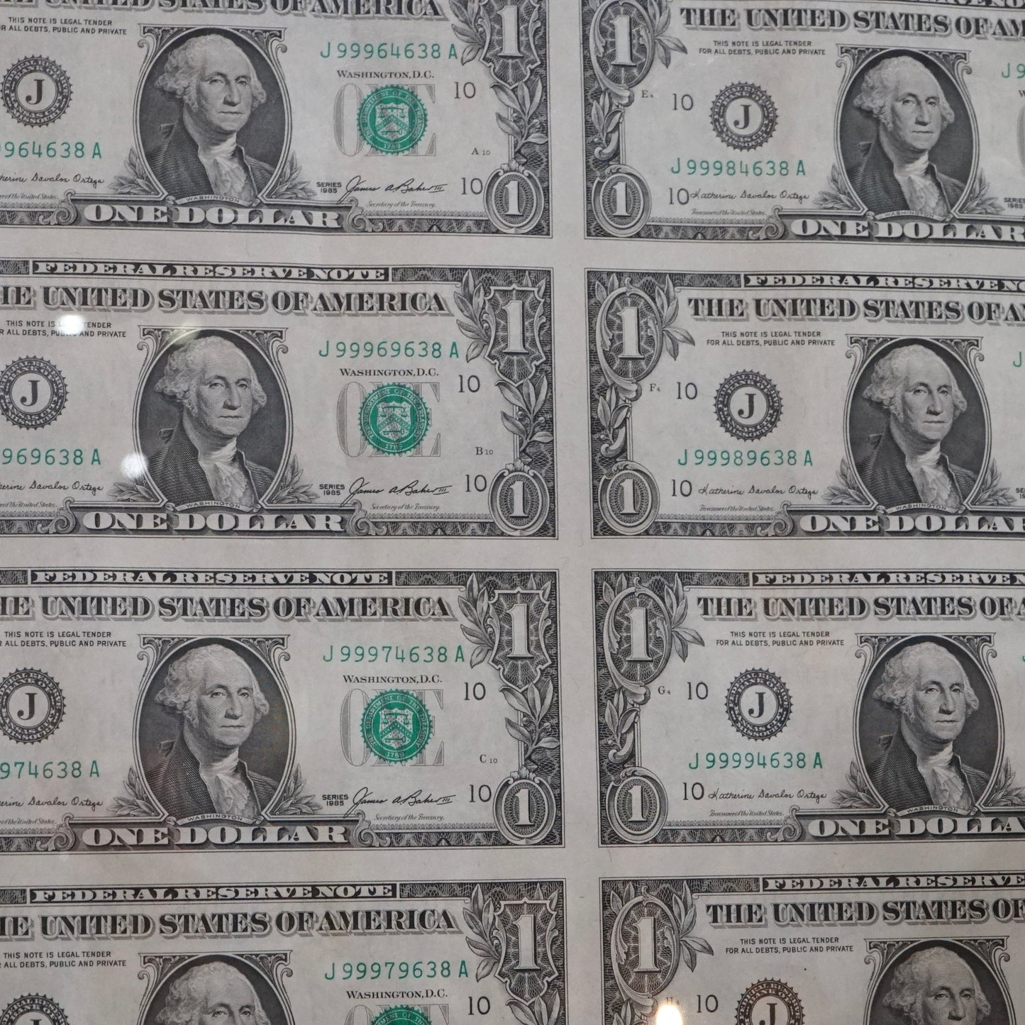 Rare Uncut Sheet Dollar Bills, Framed