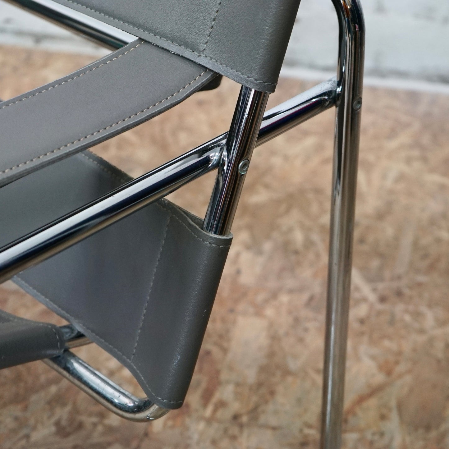 1980 Wassily B3 Grey Leather and Chrome Chair designed by Marcel Breuer
