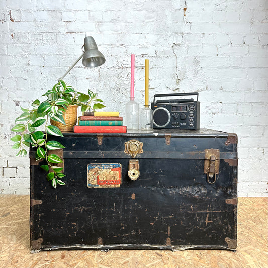 Vintage Early 1900s Trunk with 1948 Cunard White Star Shipping Stickers