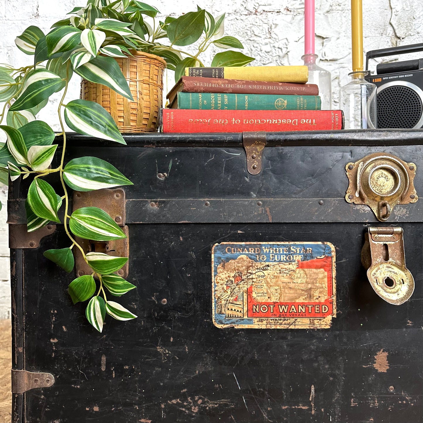 Vintage Early 1900s Trunk with 1948 Cunard White Star Shipping Stickers