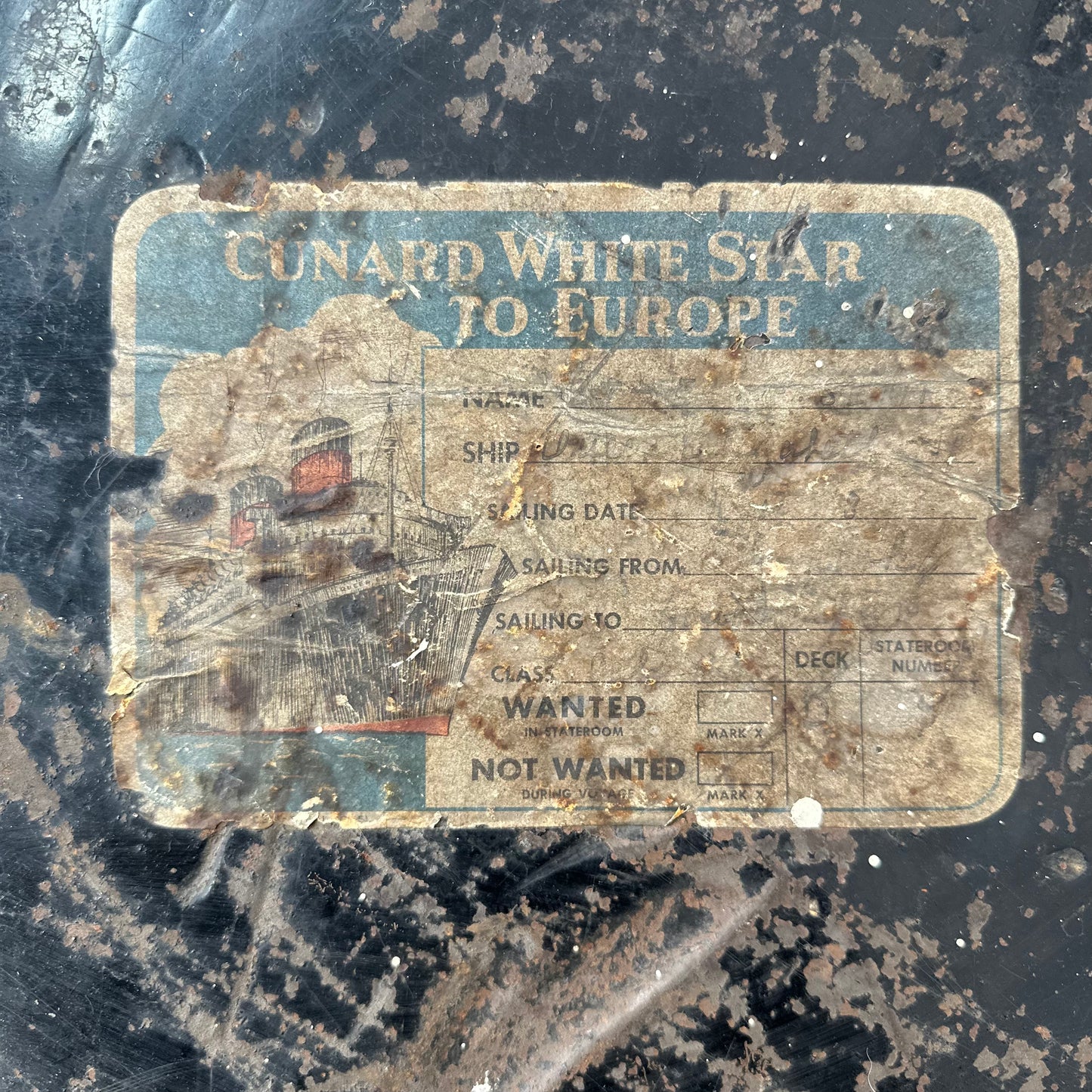 Vintage Early 1900s Trunk with 1948 Cunard White Star Shipping Stickers